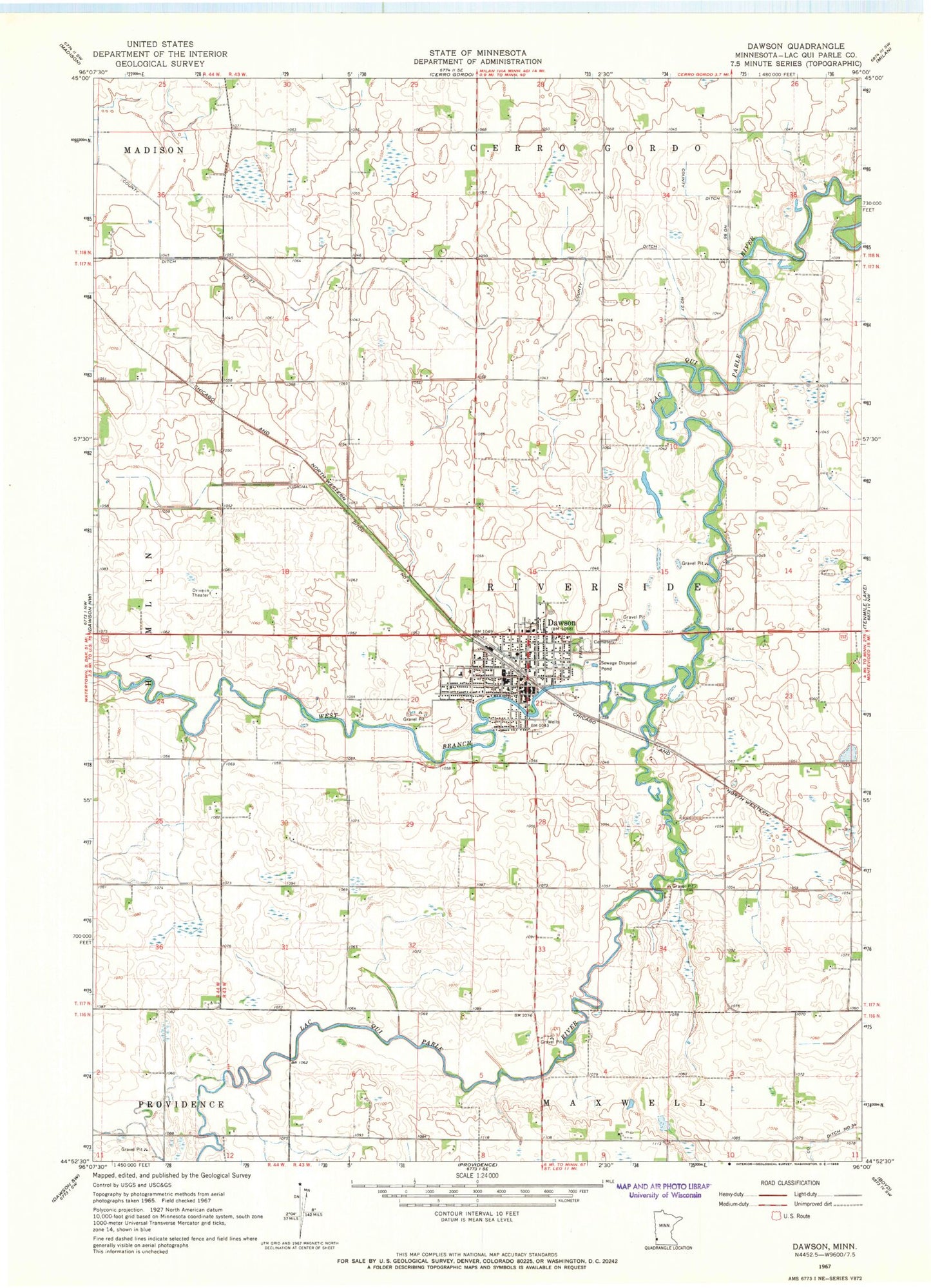 Classic USGS Dawson Minnesota 7.5'x7.5' Topo Map Image