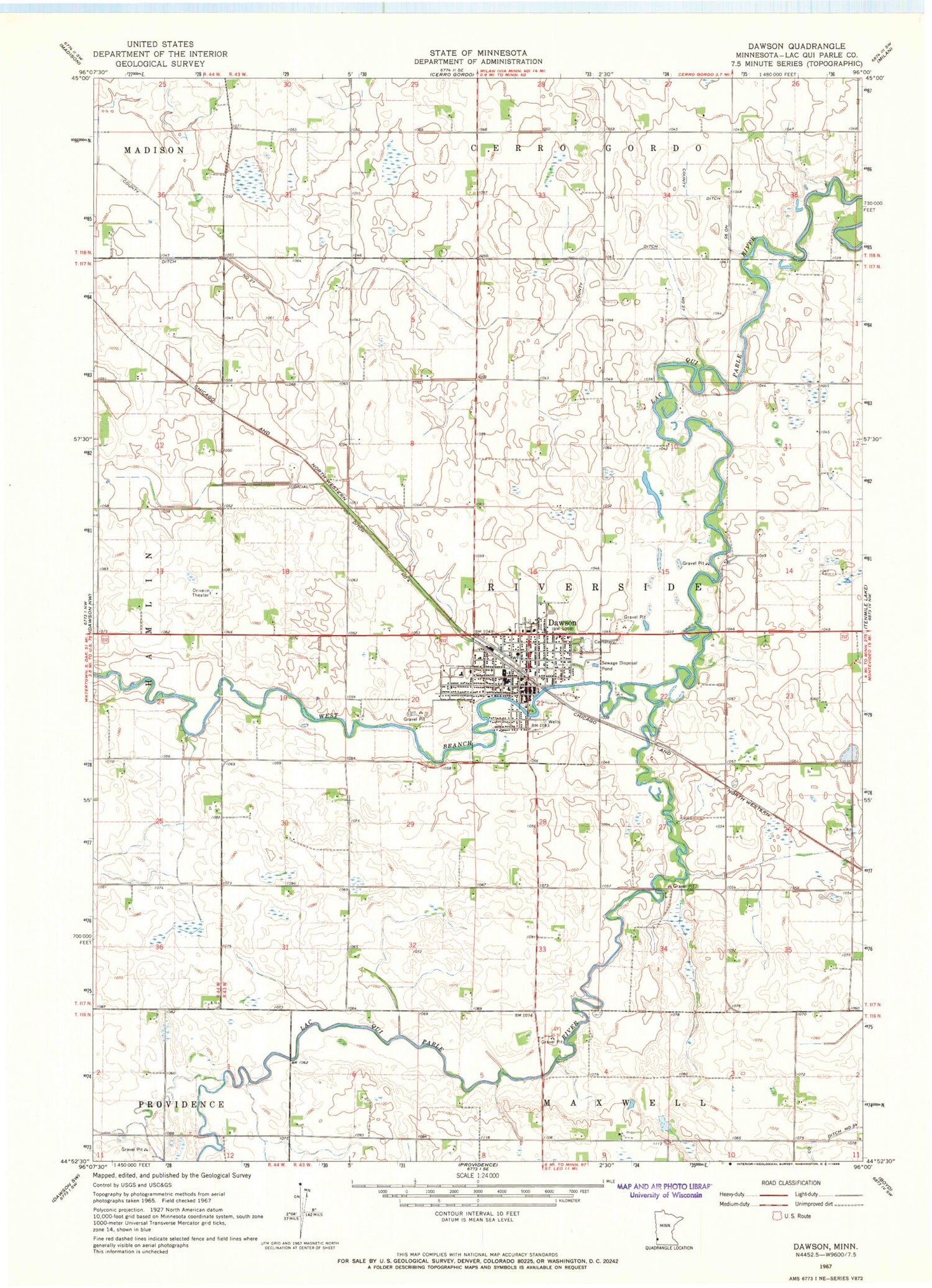 Classic USGS Dawson Minnesota 7.5'x7.5' Topo Map Image