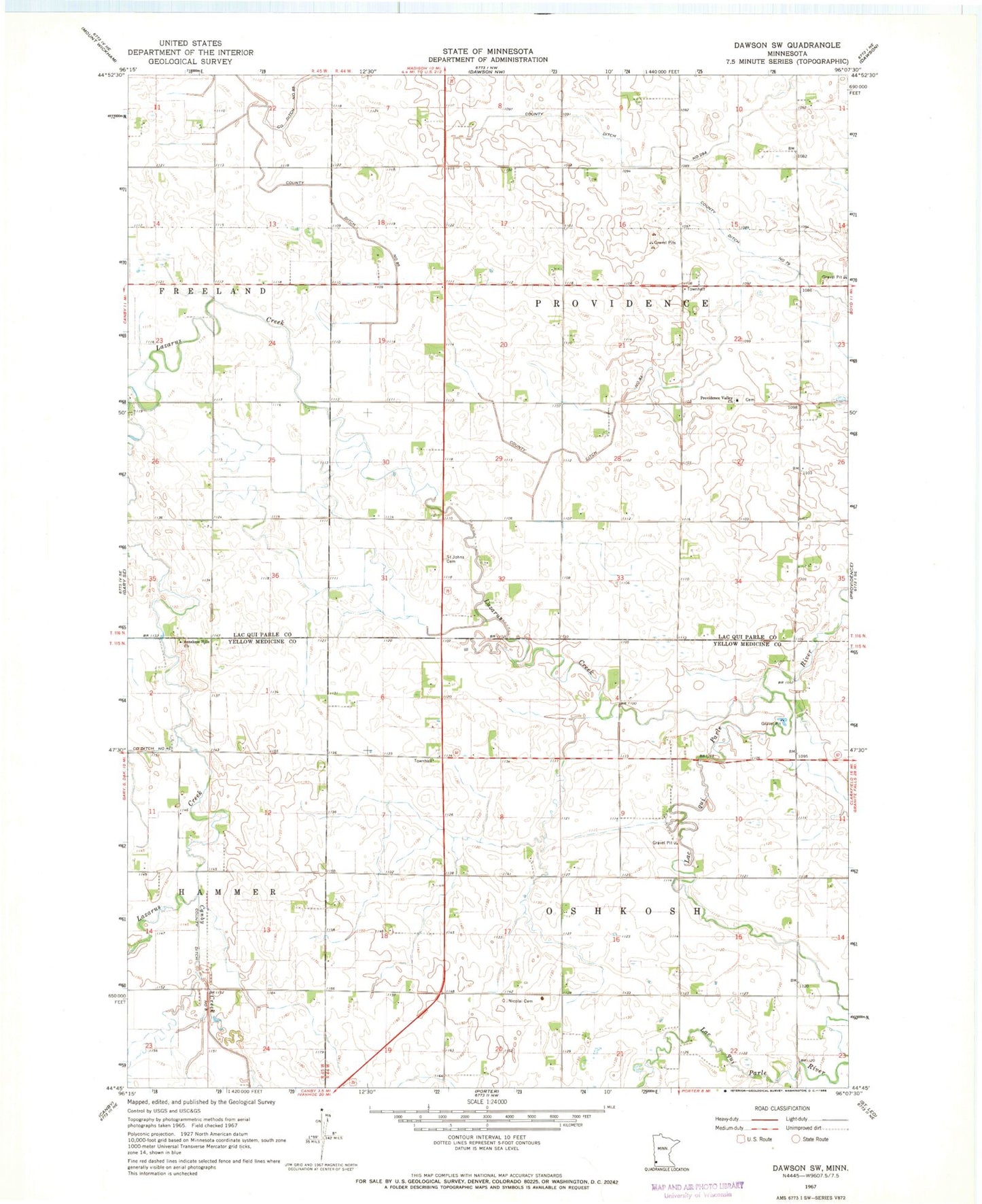 Classic USGS Dawson SW Minnesota 7.5'x7.5' Topo Map Image