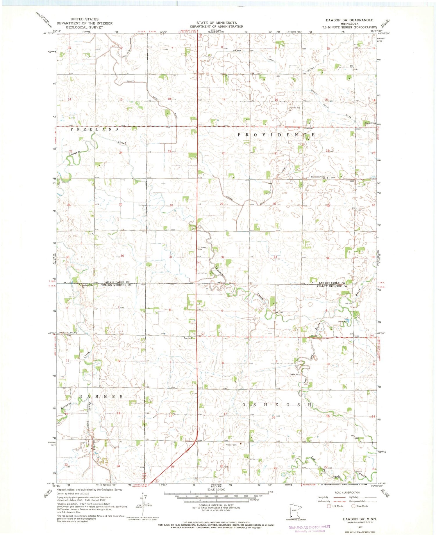 Classic USGS Dawson SW Minnesota 7.5'x7.5' Topo Map Image