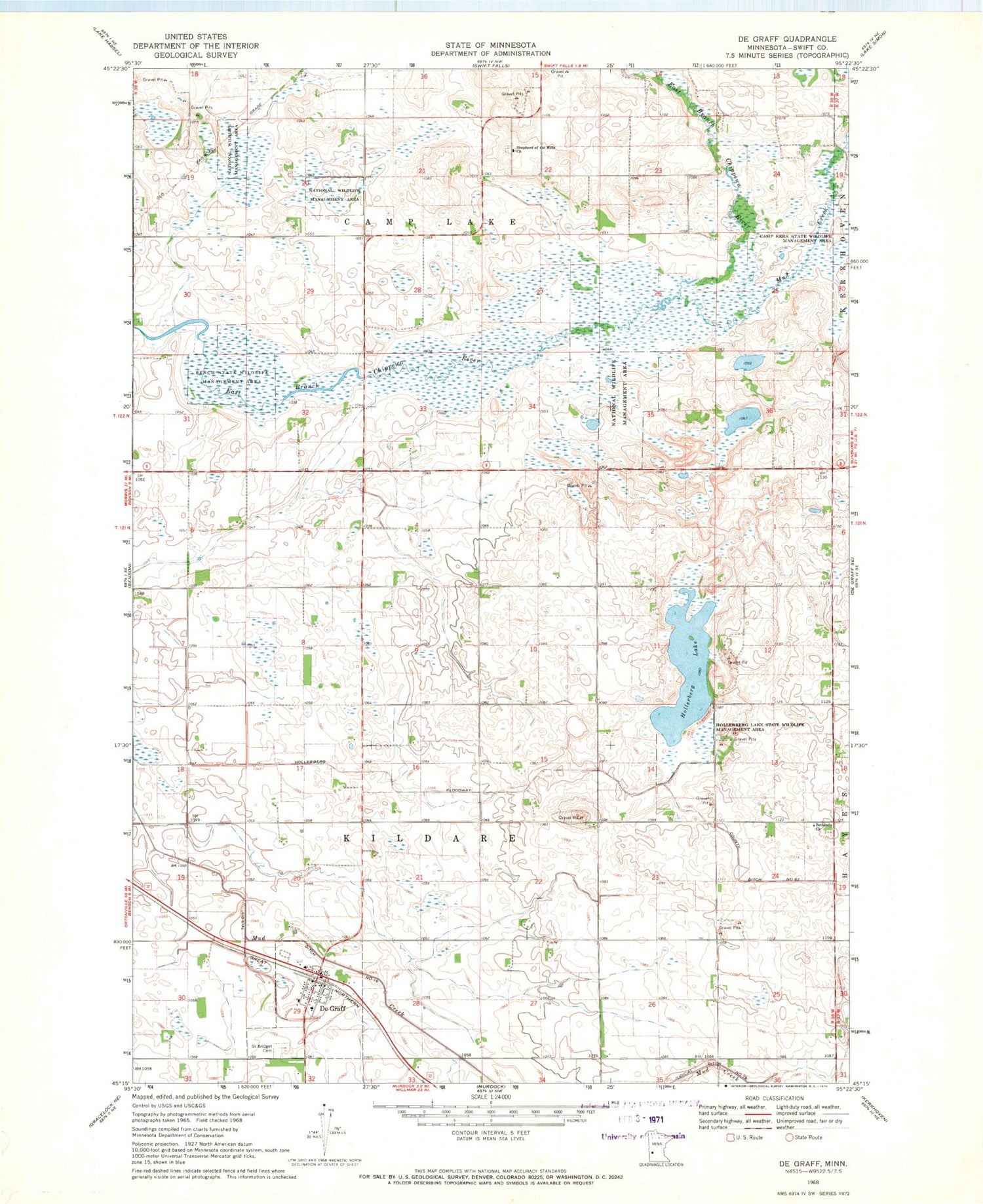 Classic USGS De Graff Minnesota 7.5'x7.5' Topo Map Image