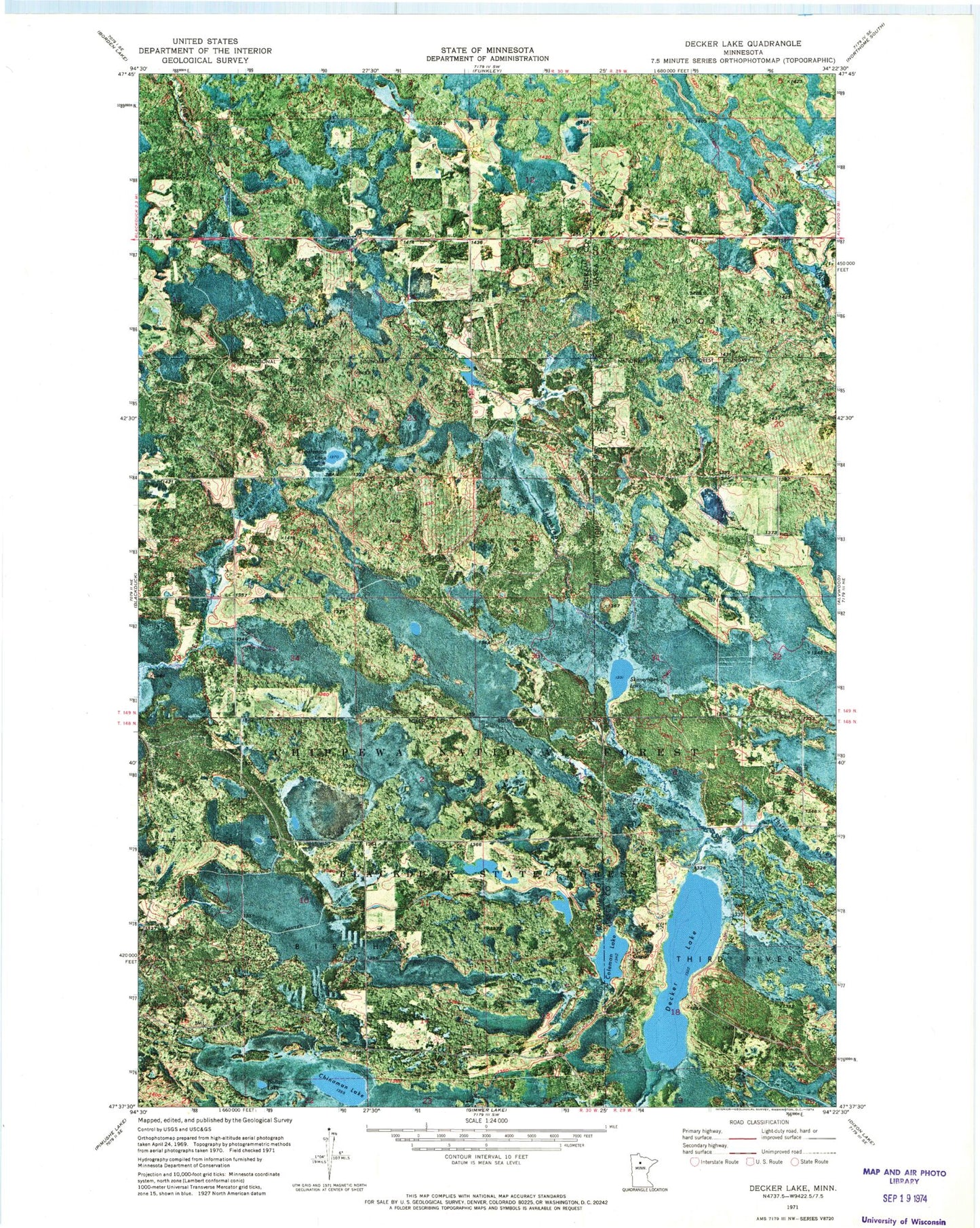 Classic USGS Decker Lake Minnesota 7.5'x7.5' Topo Map Image