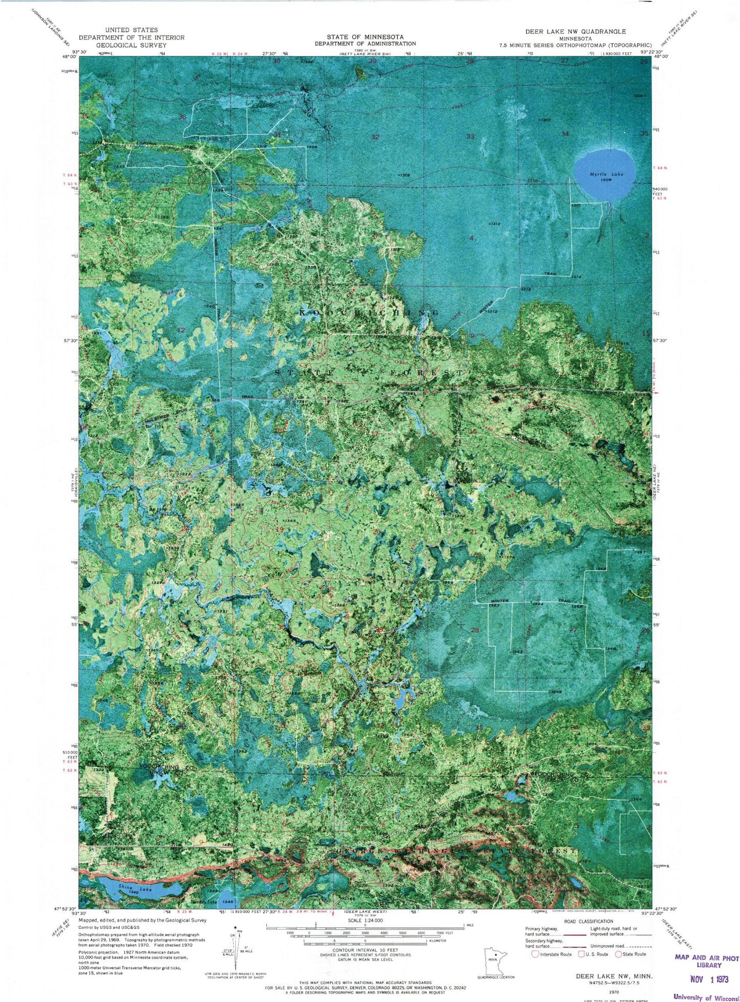 Classic USGS Deer Lake NW Minnesota 7.5'x7.5' Topo Map Image