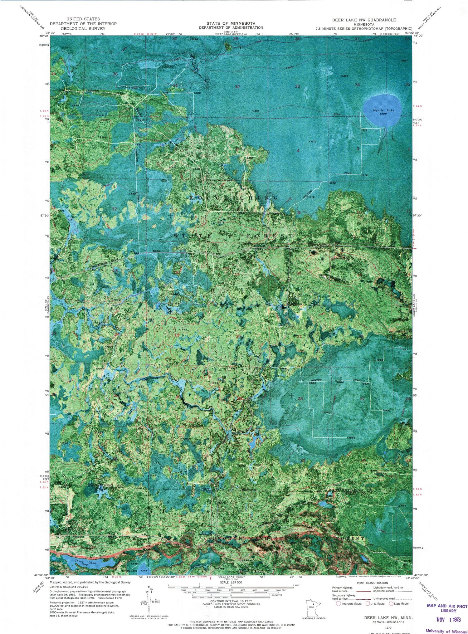 Classic USGS Deer Lake NW Minnesota 7.5'x7.5' Topo Map Image