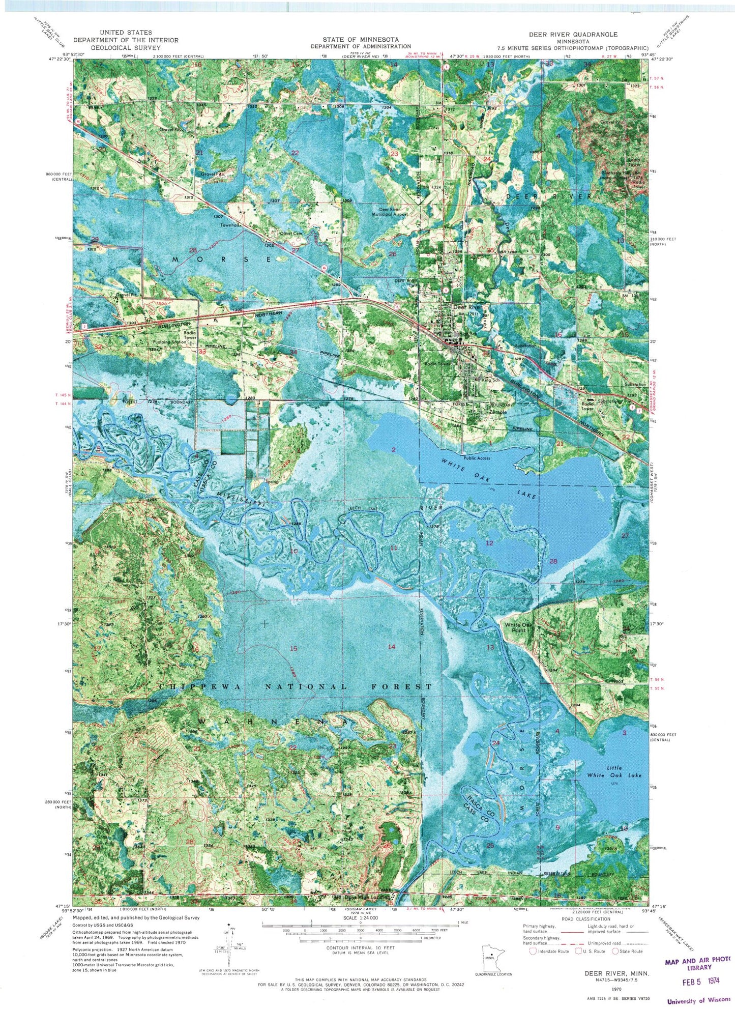 Classic USGS Deer River Minnesota 7.5'x7.5' Topo Map Image