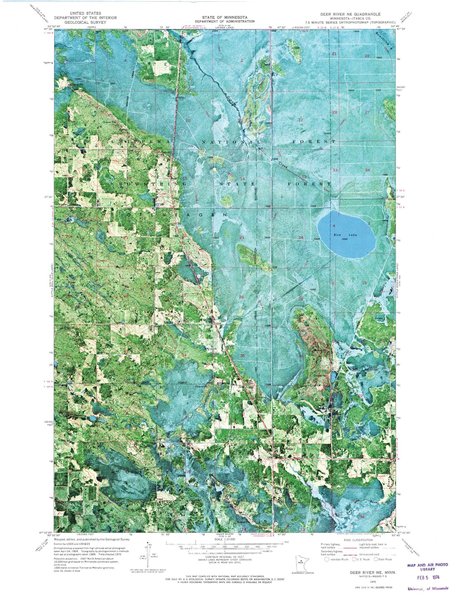 Classic USGS Deer River NE Minnesota 7.5'x7.5' Topo Map Image