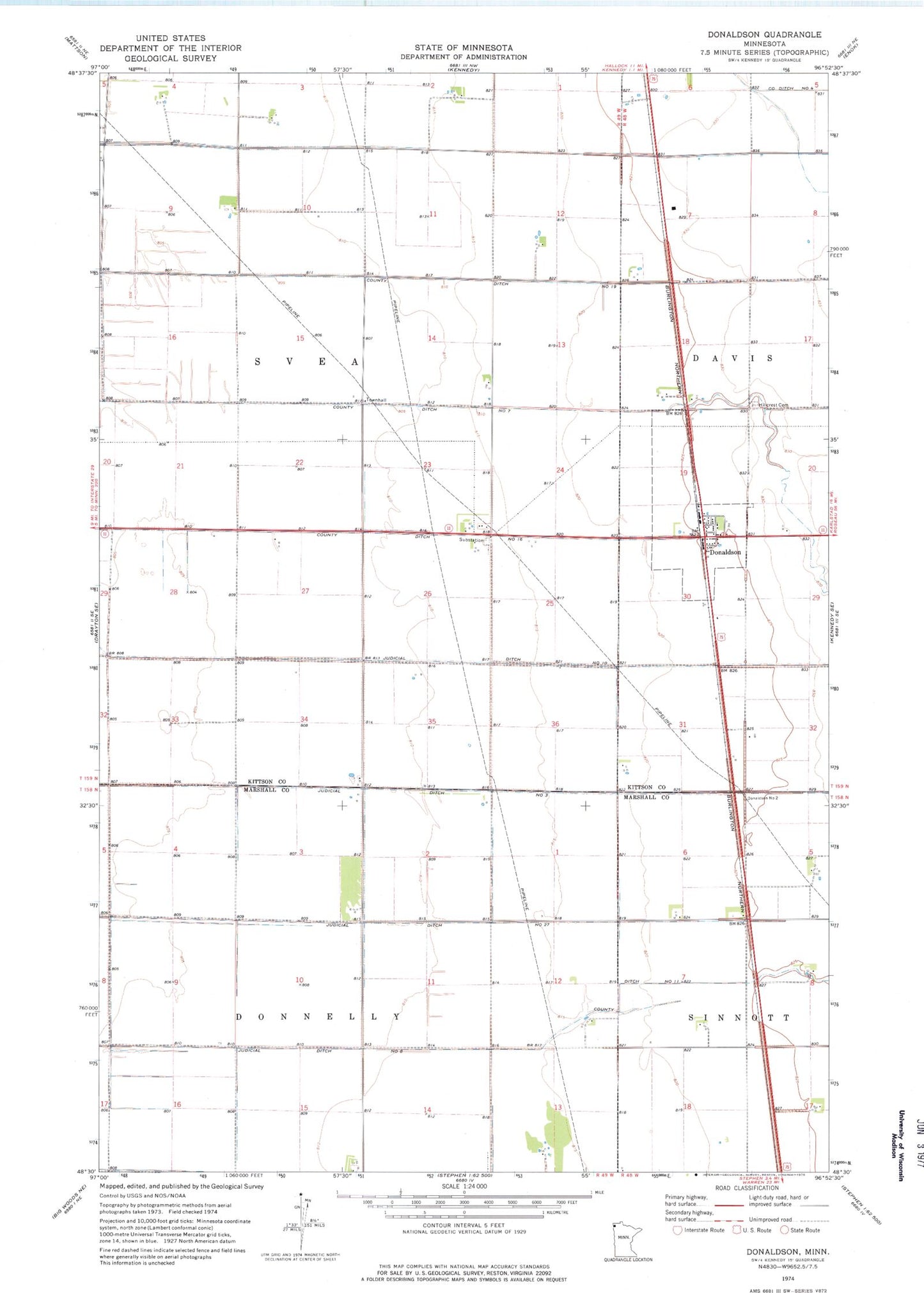 Classic USGS Donaldson Minnesota 7.5'x7.5' Topo Map Image
