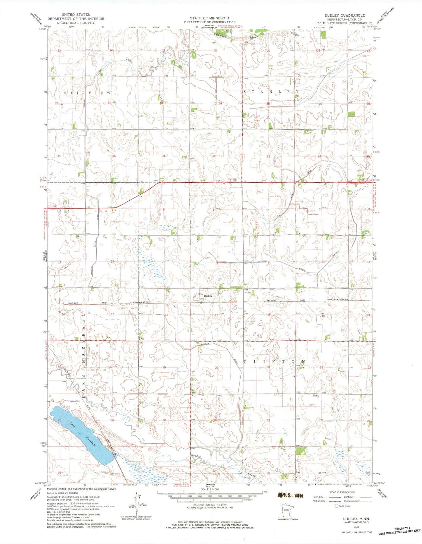Classic USGS Dudley Minnesota 7.5'x7.5' Topo Map Image