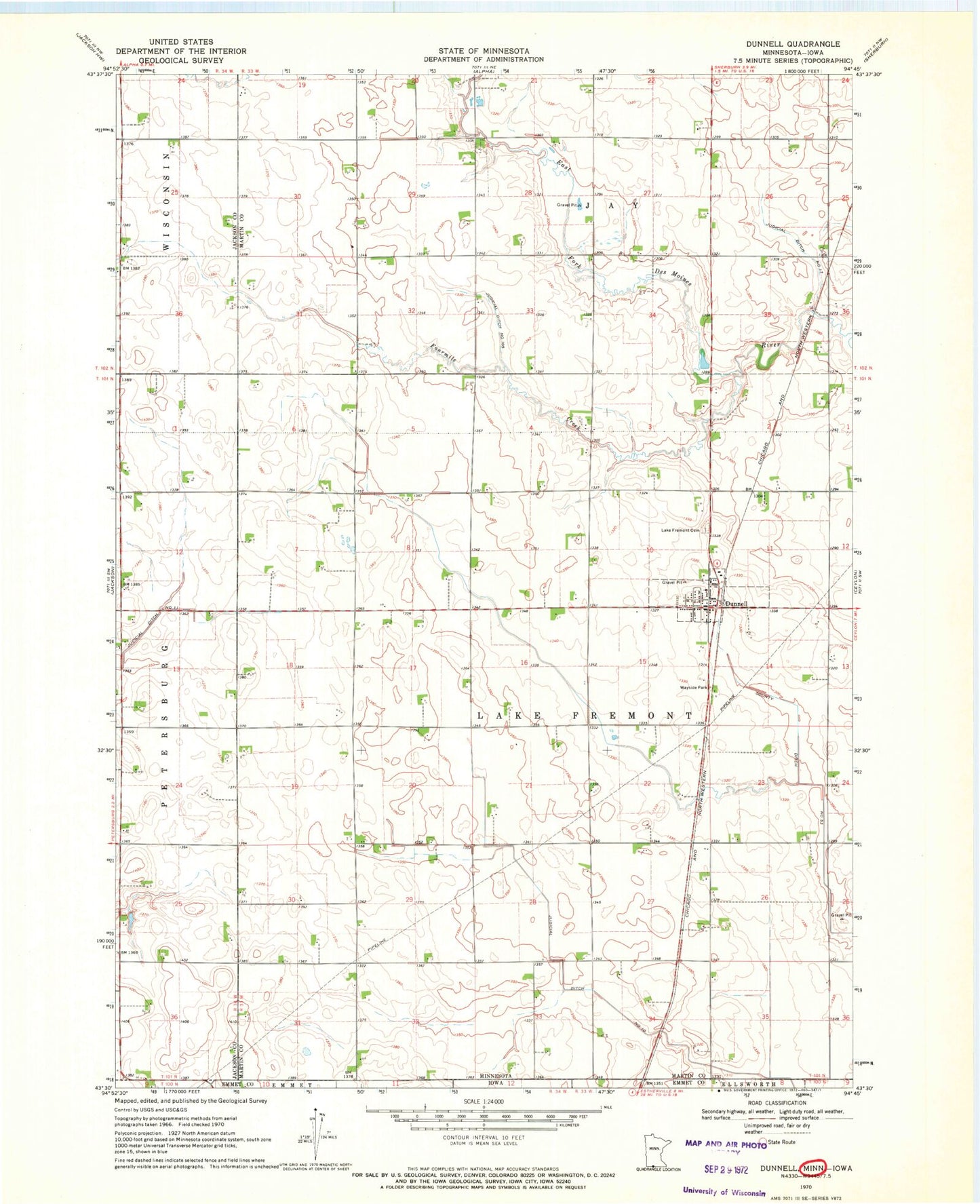 Classic USGS Dunnell Minnesota 7.5'x7.5' Topo Map Image