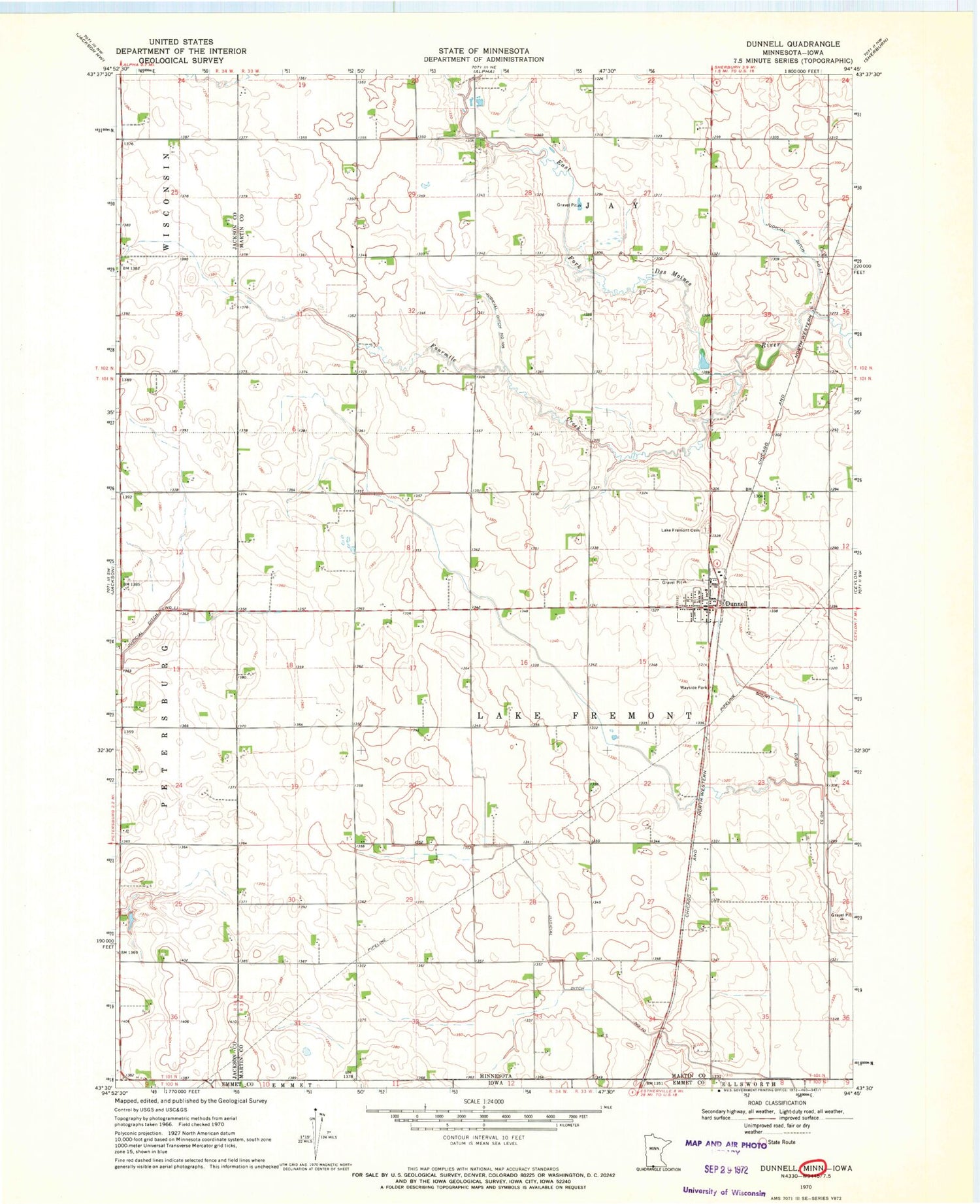 Classic USGS Dunnell Minnesota 7.5'x7.5' Topo Map Image
