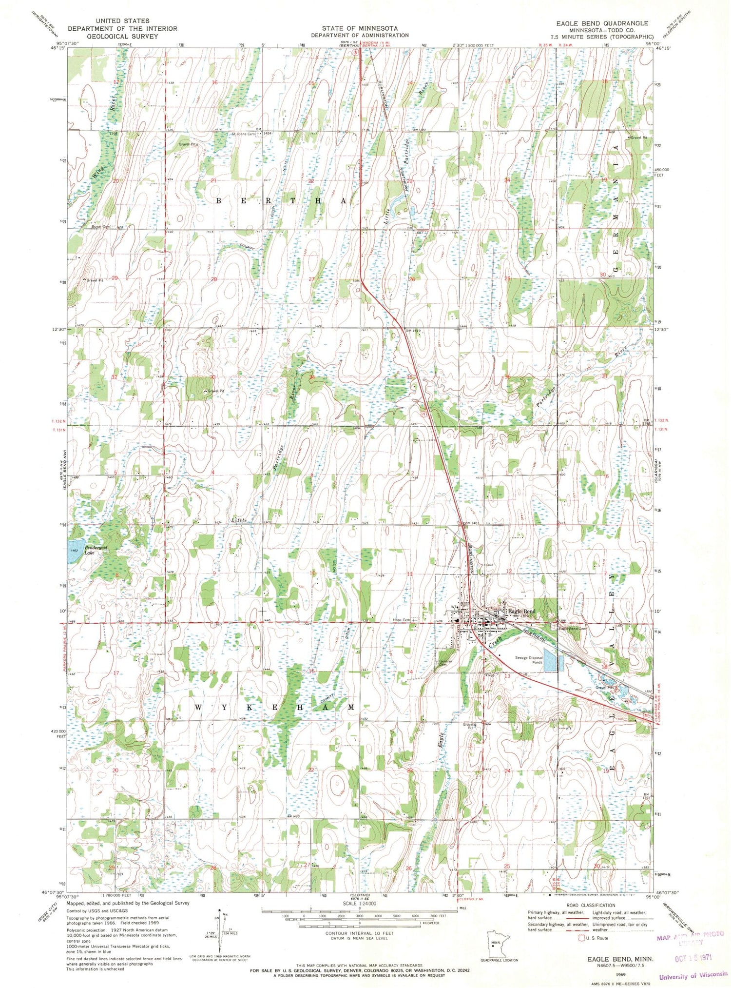 Classic USGS Eagle Bend Minnesota 7.5'x7.5' Topo Map Image
