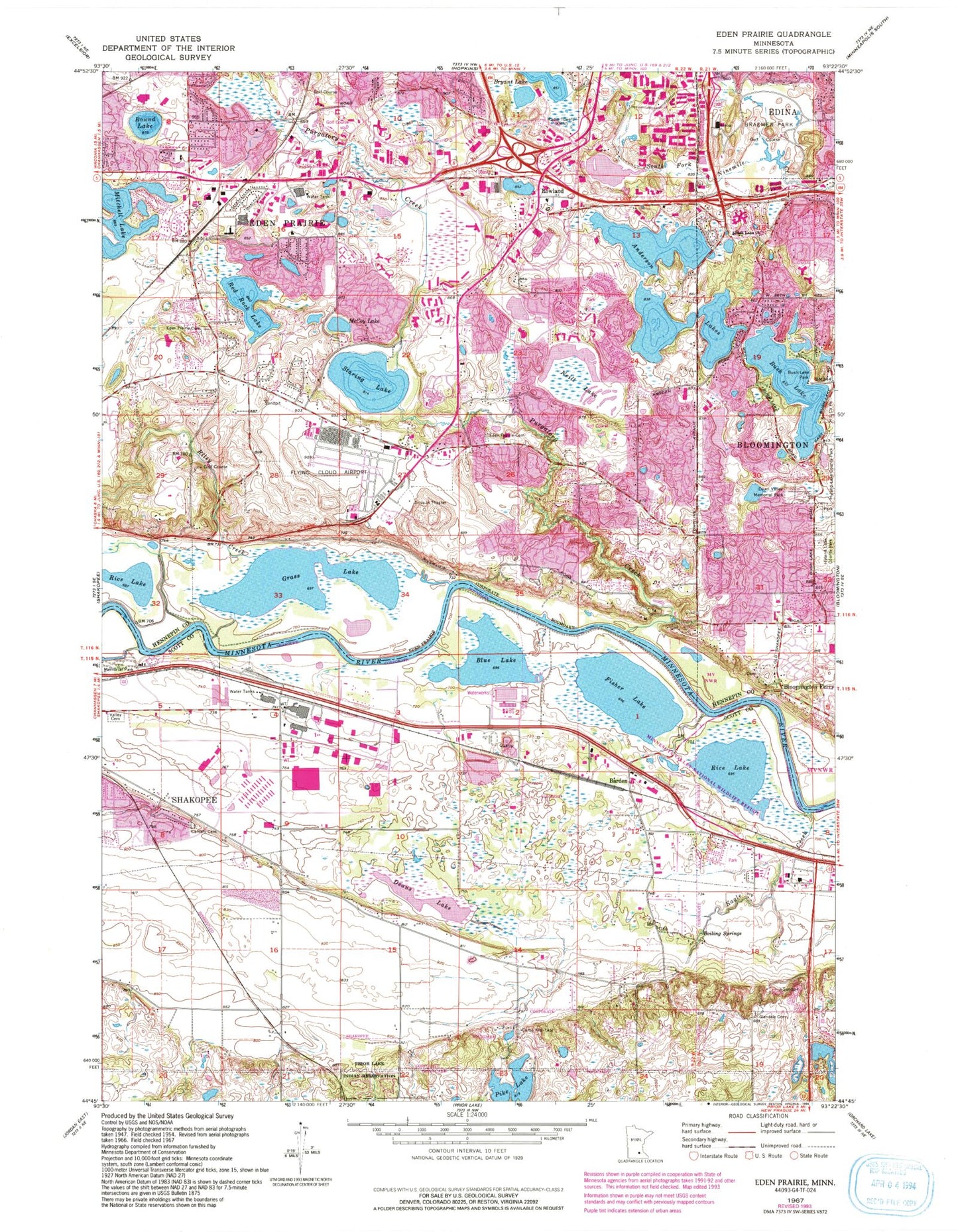 Classic USGS Eden Prairie Minnesota 7.5'x7.5' Topo Map Image