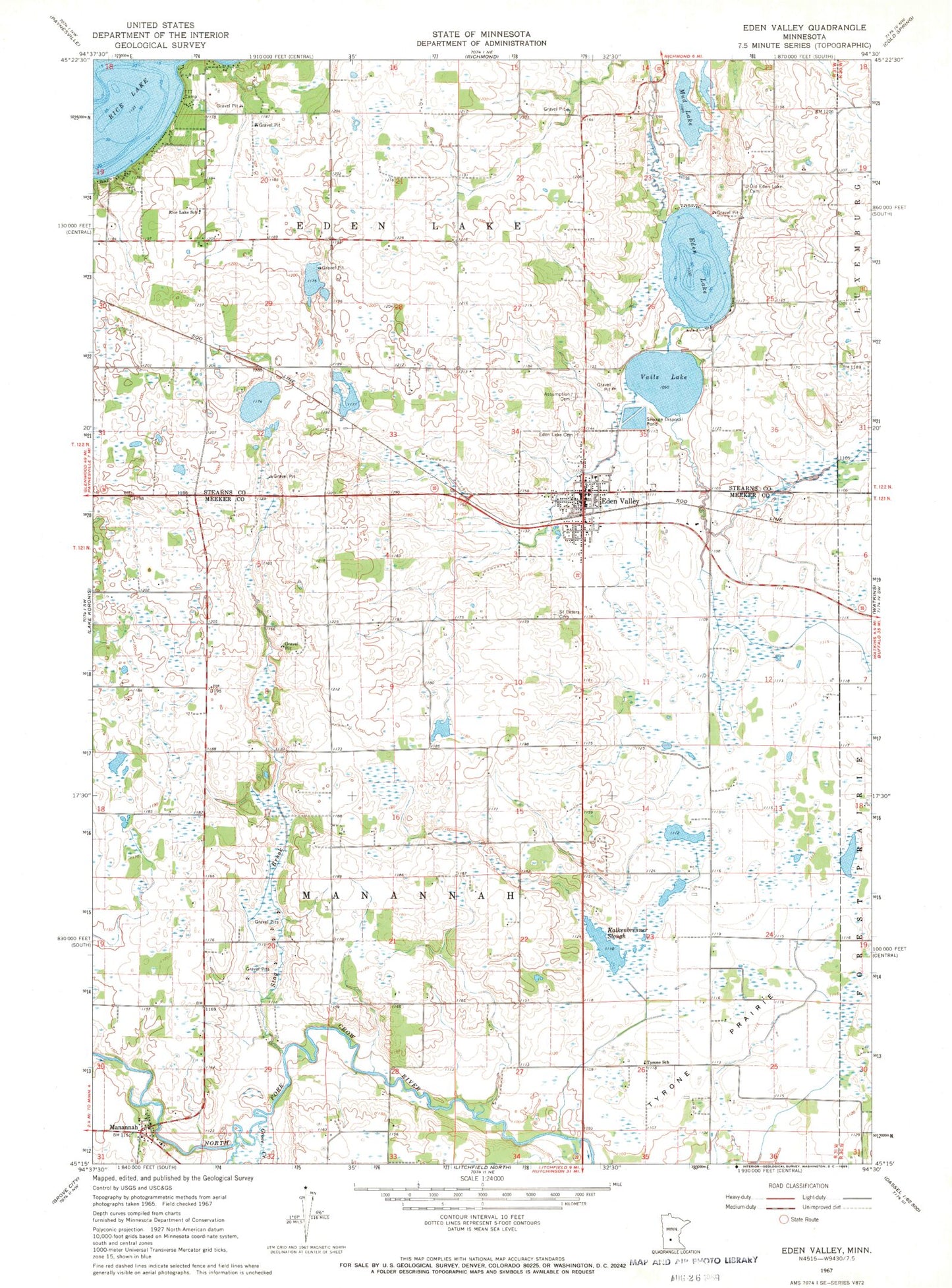Classic USGS Eden Valley Minnesota 7.5'x7.5' Topo Map Image
