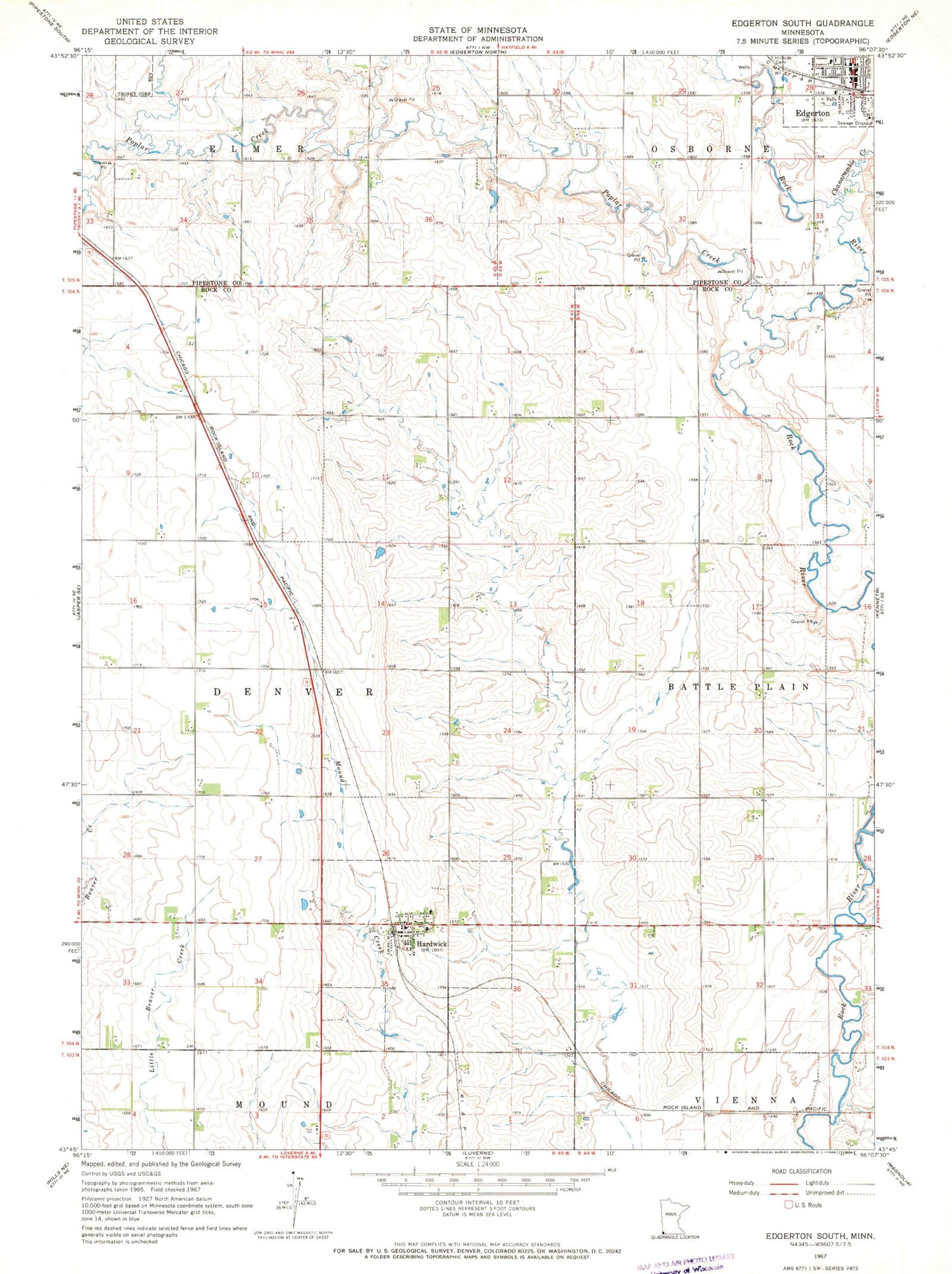 Classic USGS Edgerton South Minnesota 7.5'x7.5' Topo Map Image