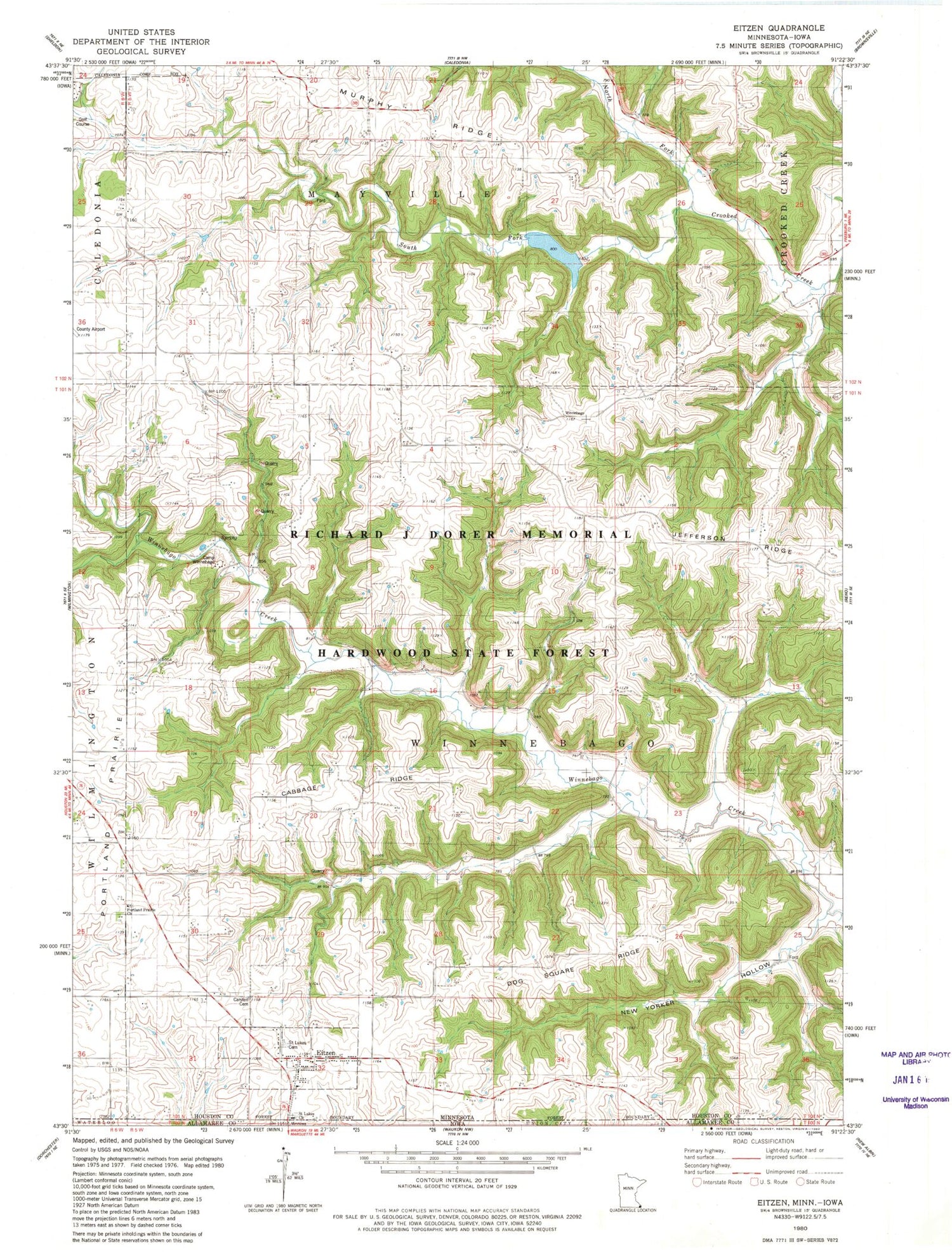 Classic USGS Eitzen Minnesota 7.5'x7.5' Topo Map Image