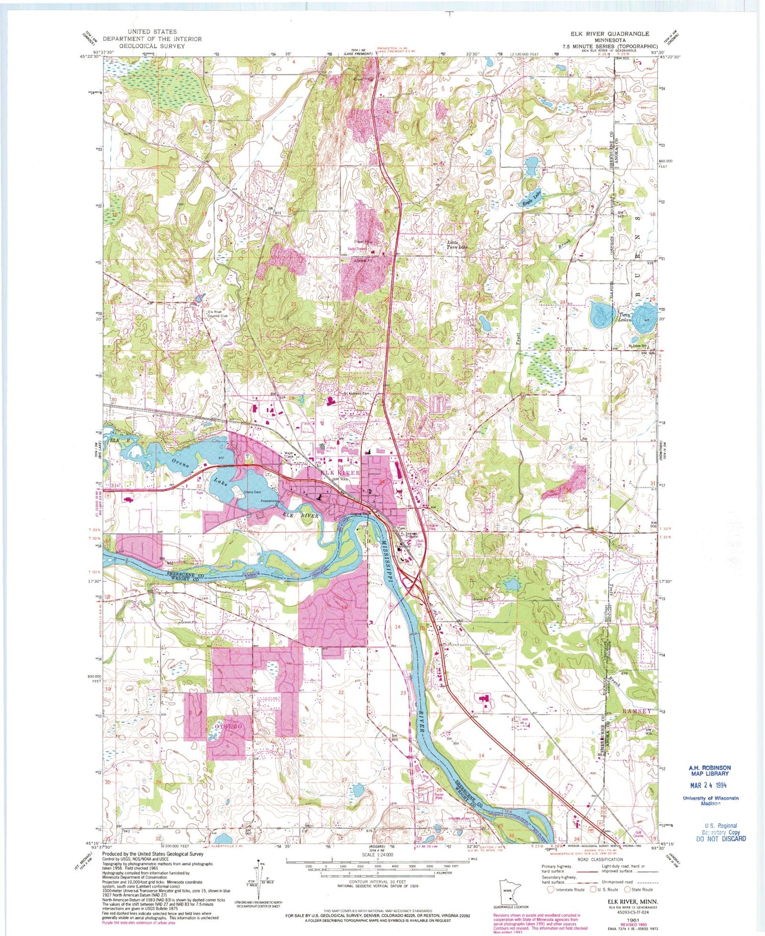 Classic USGS Elk River Minnesota 7.5'x7.5' Topo Map Image