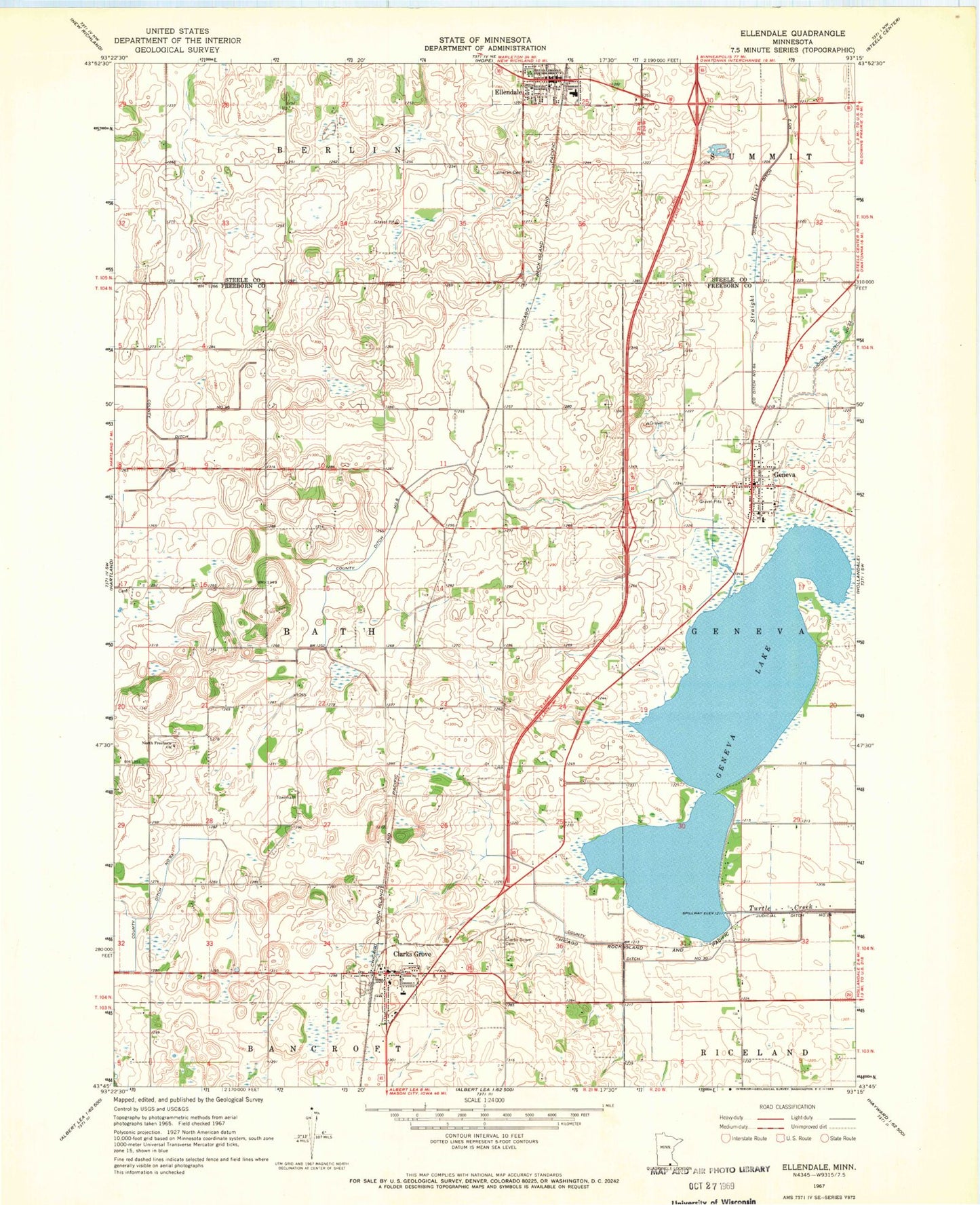 Classic USGS Ellendale Minnesota 7.5'x7.5' Topo Map Image