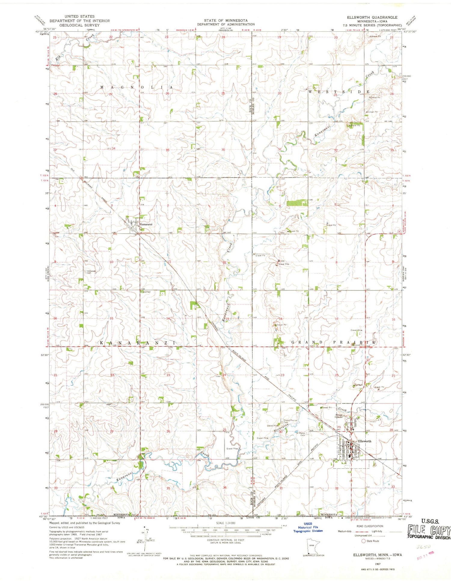 Classic USGS Ellsworth Minnesota 7.5'x7.5' Topo Map Image