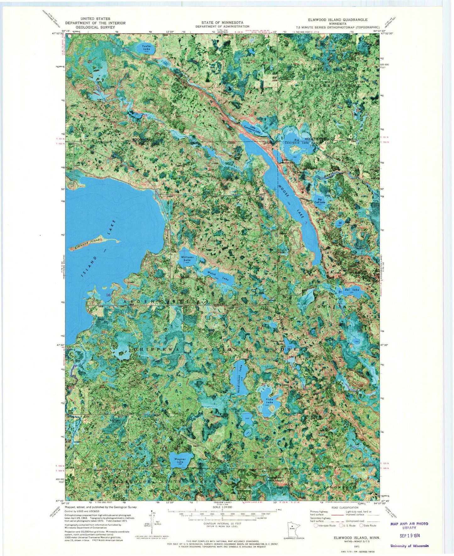 Classic USGS Elmwood Island Minnesota 7.5'x7.5' Topo Map Image