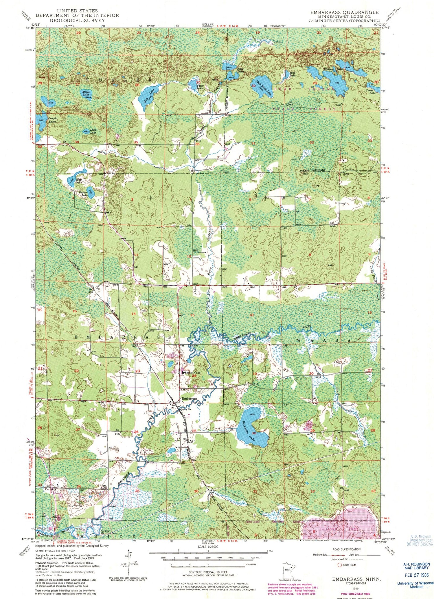 Classic USGS Embarrass Minnesota 7.5'x7.5' Topo Map Image