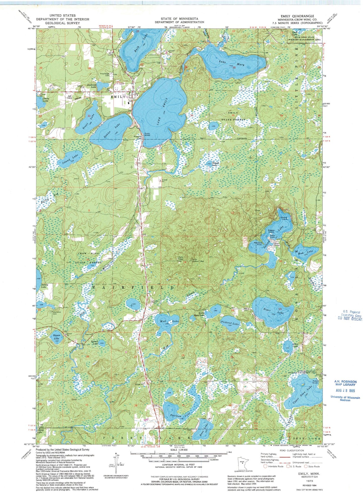 Classic USGS Emily Minnesota 7.5'x7.5' Topo Map Image