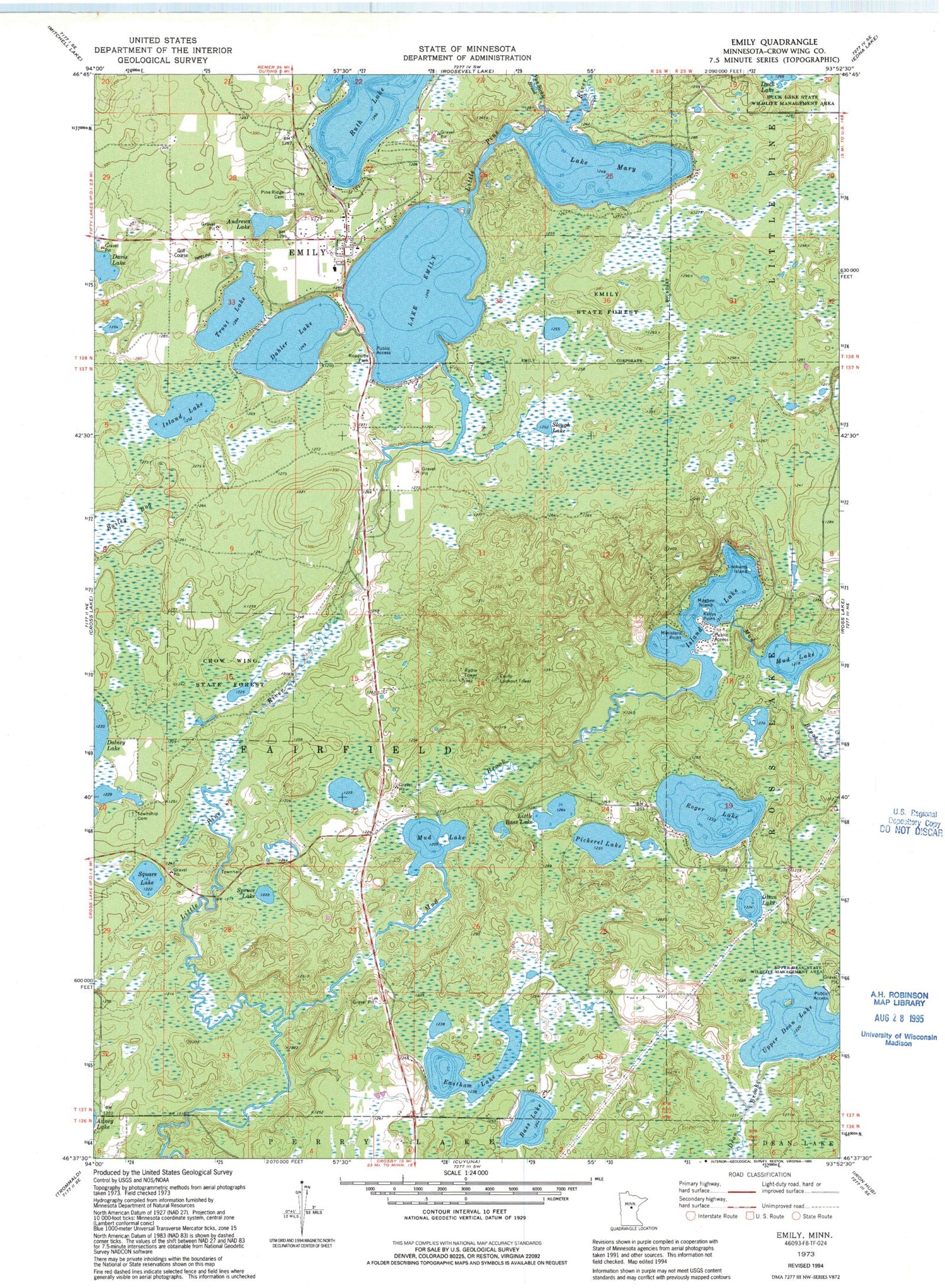 Classic USGS Emily Minnesota 7.5'x7.5' Topo Map Image