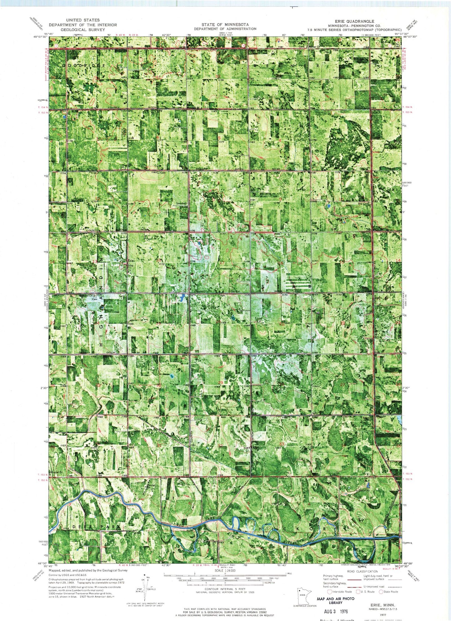 Classic USGS Erie Minnesota 7.5'x7.5' Topo Map Image