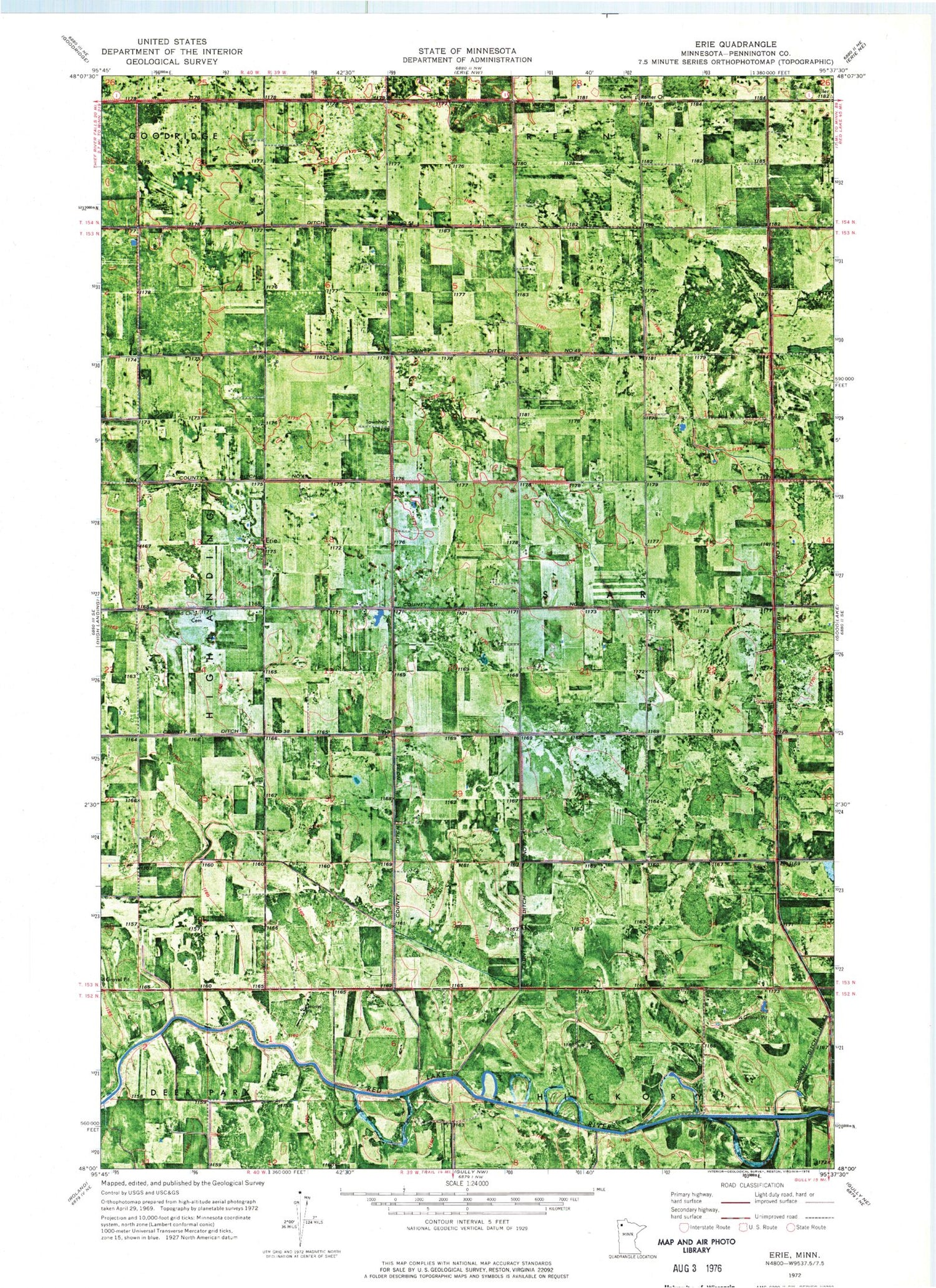 Classic USGS Erie Minnesota 7.5'x7.5' Topo Map Image