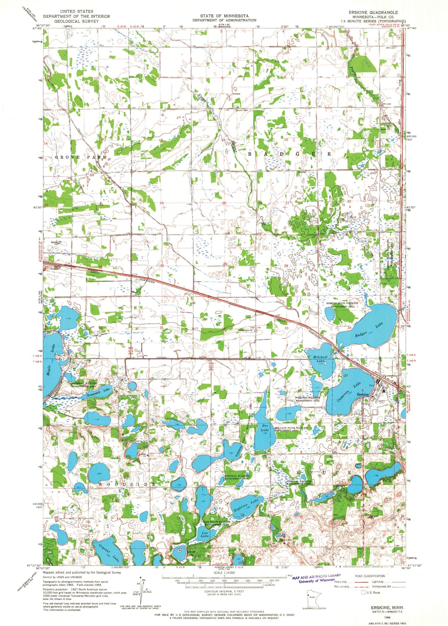 Classic USGS Erskine Minnesota 7.5'x7.5' Topo Map Image
