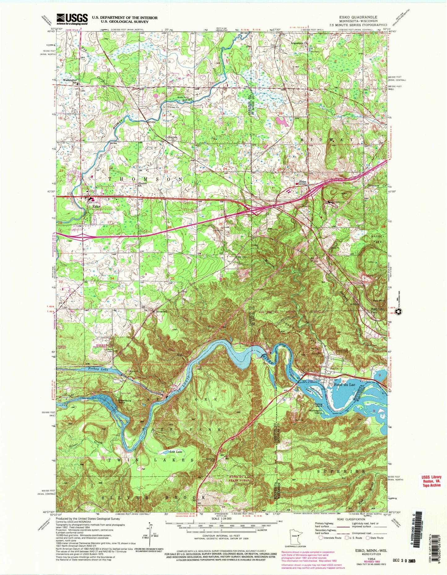 Classic USGS Esko Minnesota 7.5'x7.5' Topo Map Image