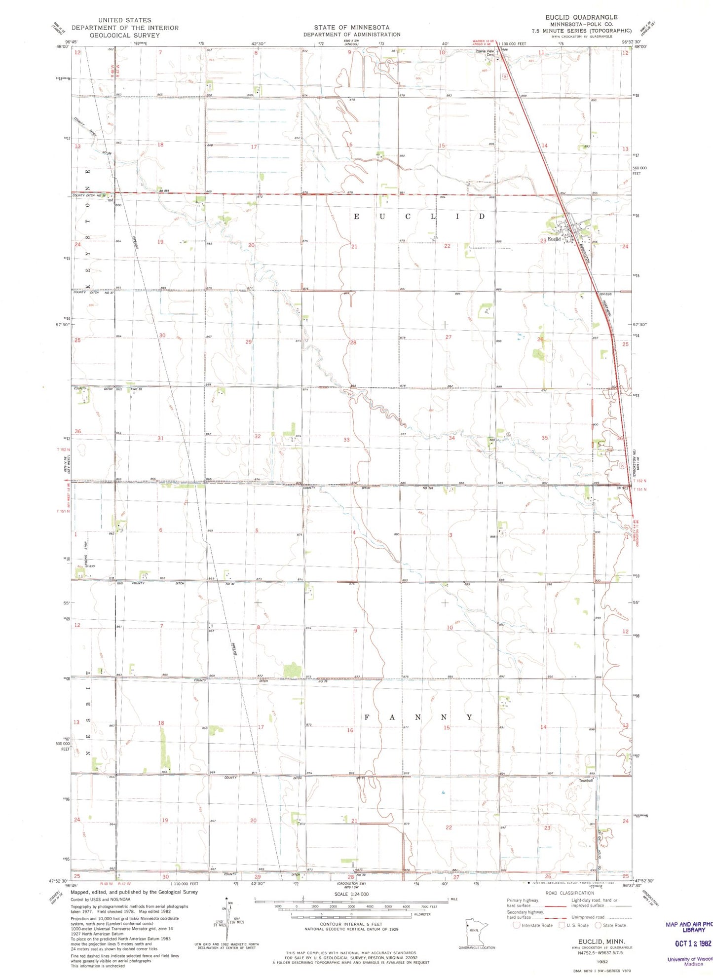 Classic USGS Euclid Minnesota 7.5'x7.5' Topo Map Image