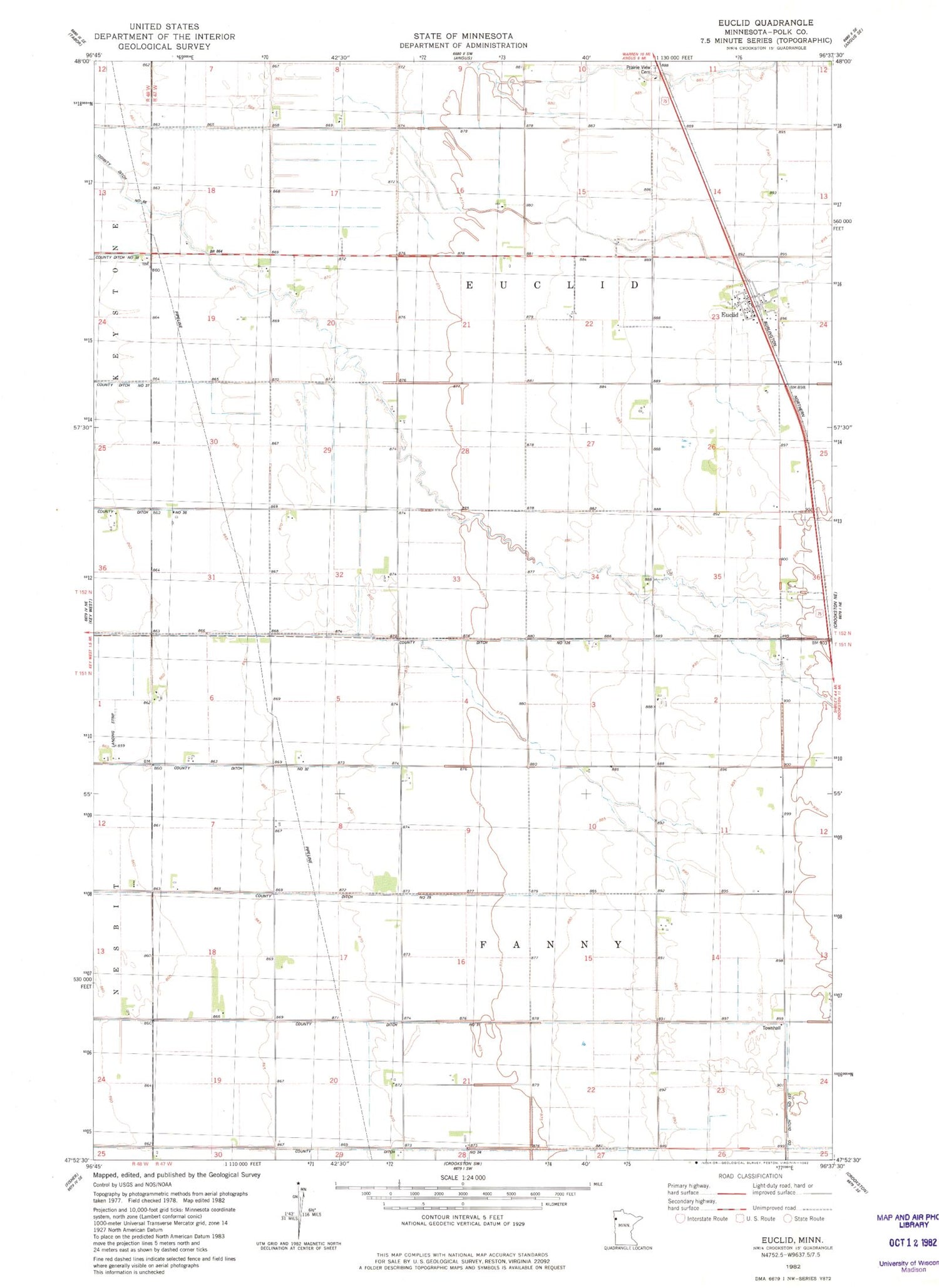 Classic USGS Euclid Minnesota 7.5'x7.5' Topo Map Image