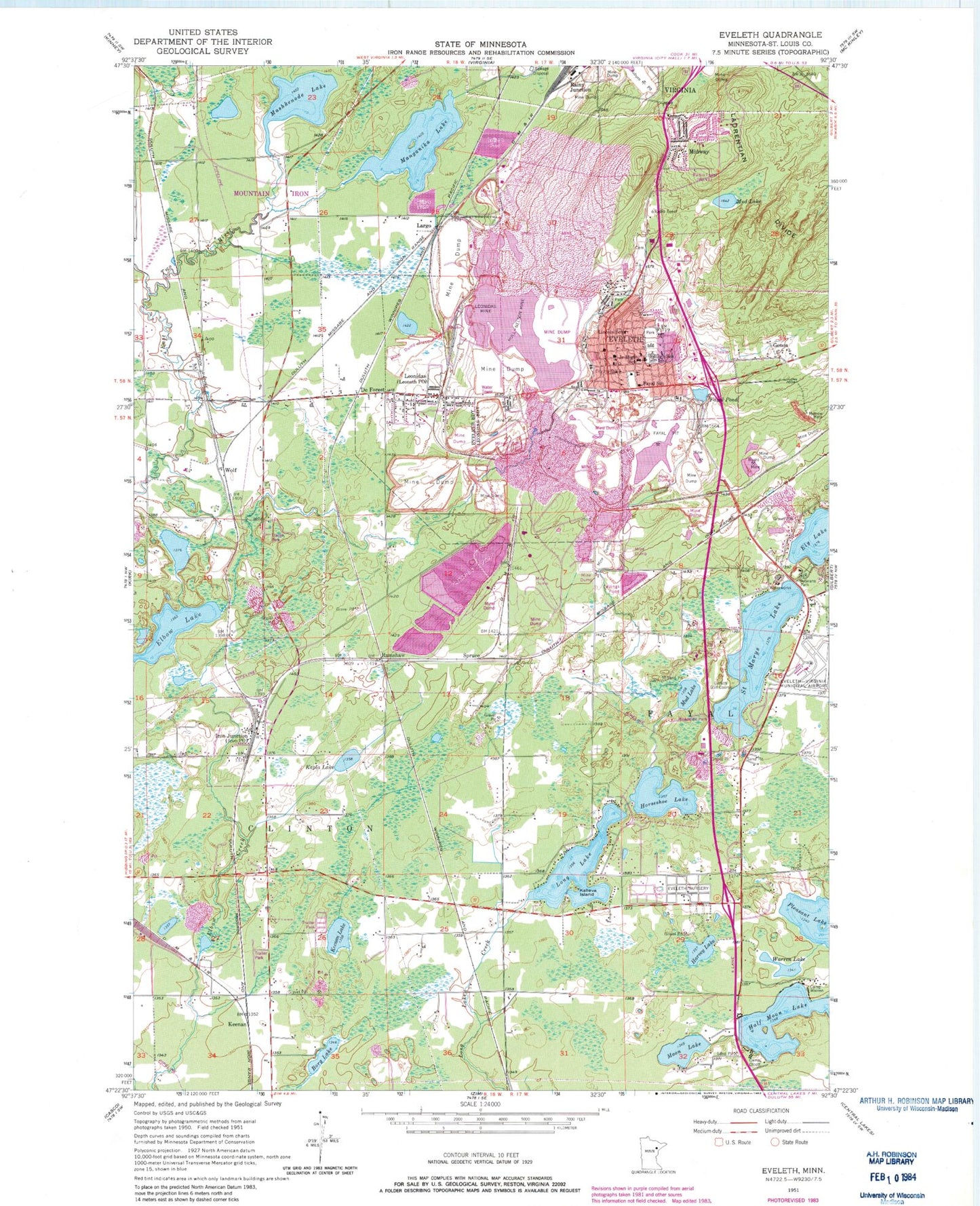 Classic USGS Eveleth Minnesota 7.5'x7.5' Topo Map Image