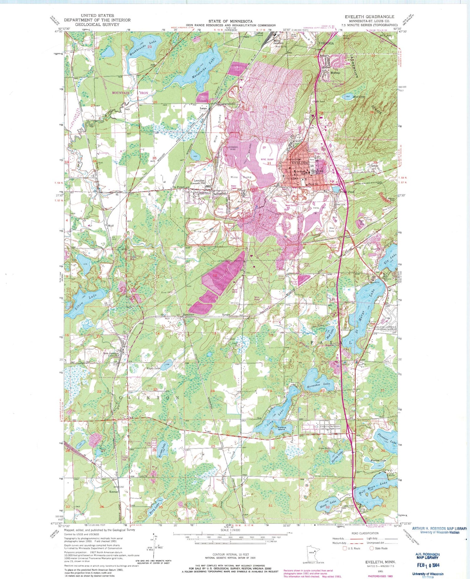 Classic USGS Eveleth Minnesota 7.5'x7.5' Topo Map Image