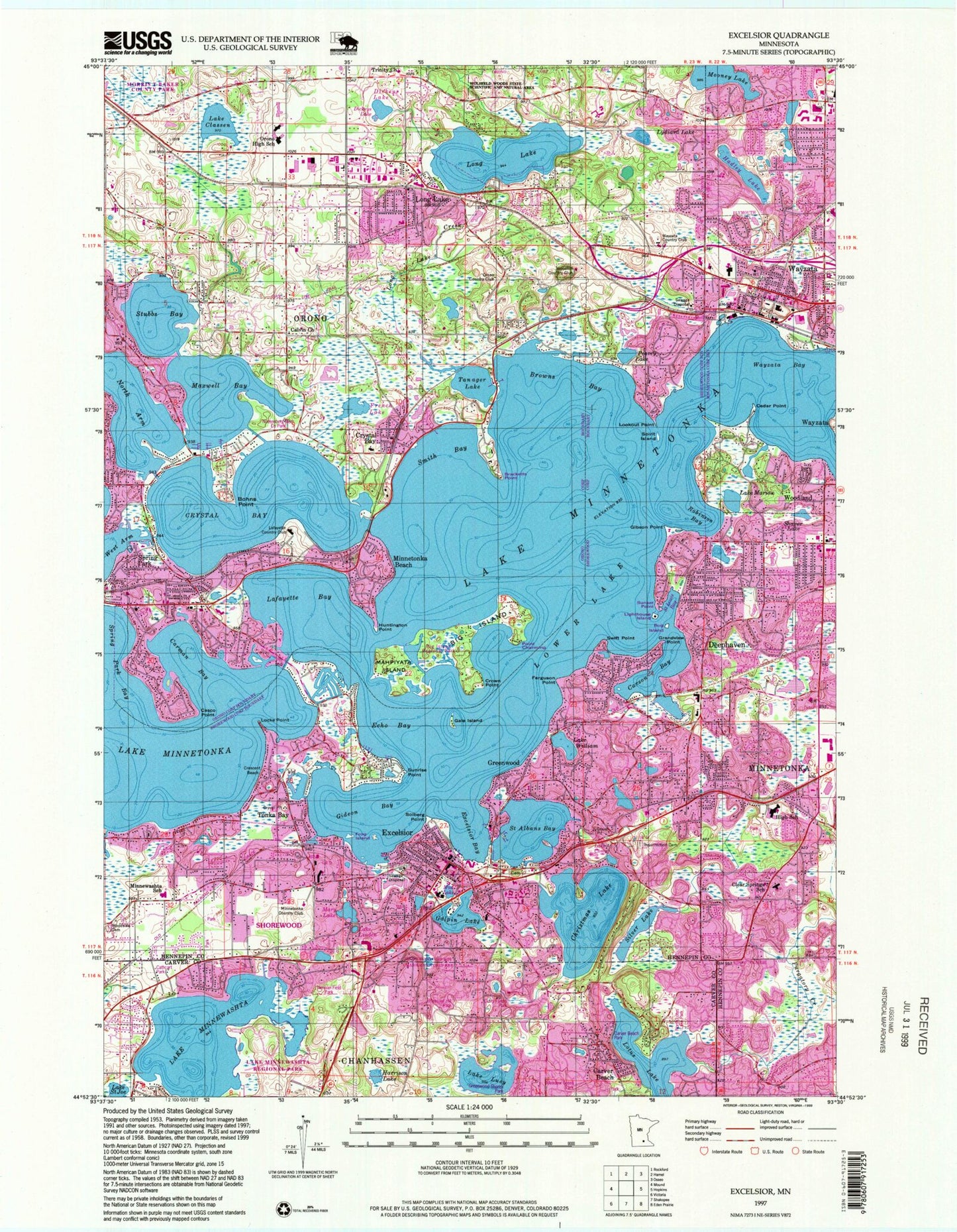 Classic USGS Excelsior Minnesota 7.5'x7.5' Topo Map Image