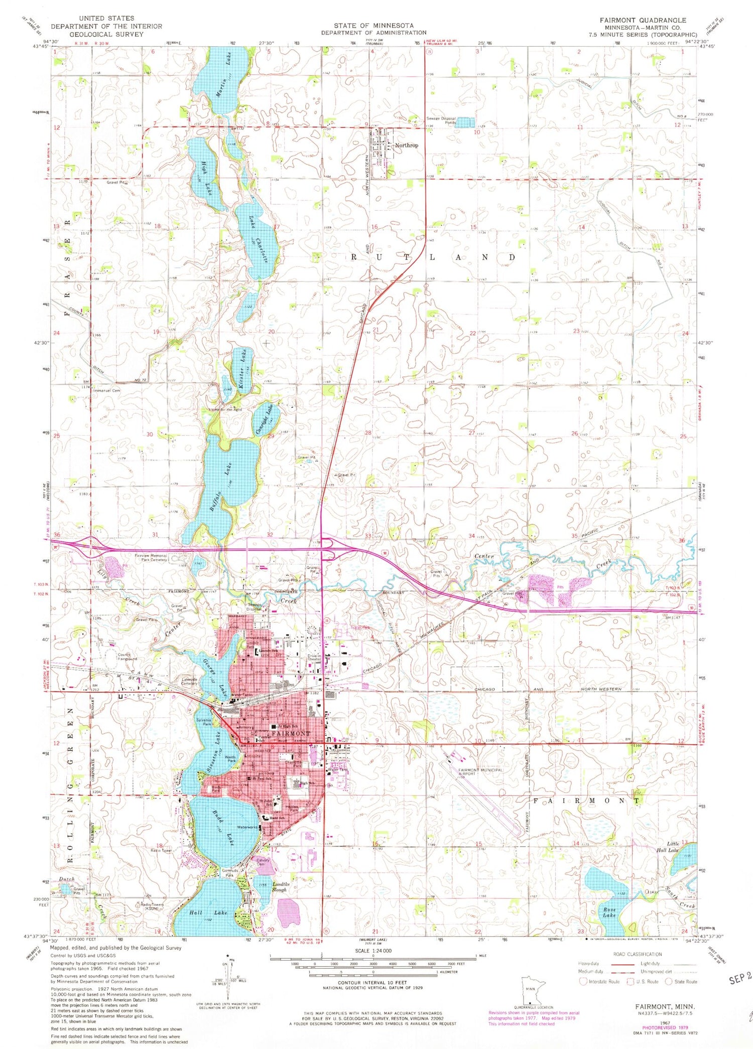 Classic USGS Fairmont Minnesota 7.5'x7.5' Topo Map Image