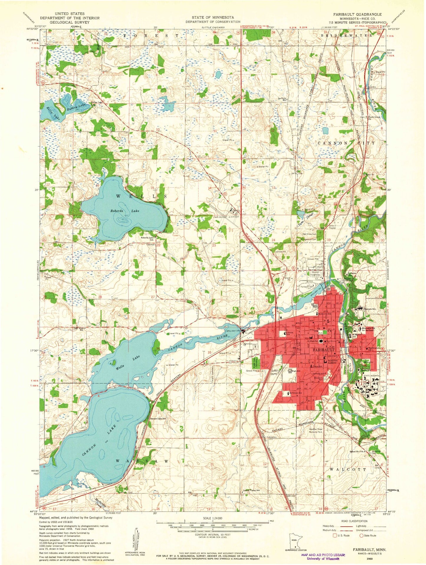 Classic USGS Faribault Minnesota 7.5'x7.5' Topo Map Image