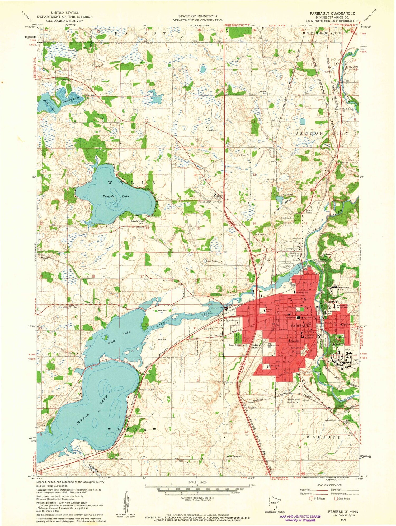 Classic USGS Faribault Minnesota 7.5'x7.5' Topo Map Image
