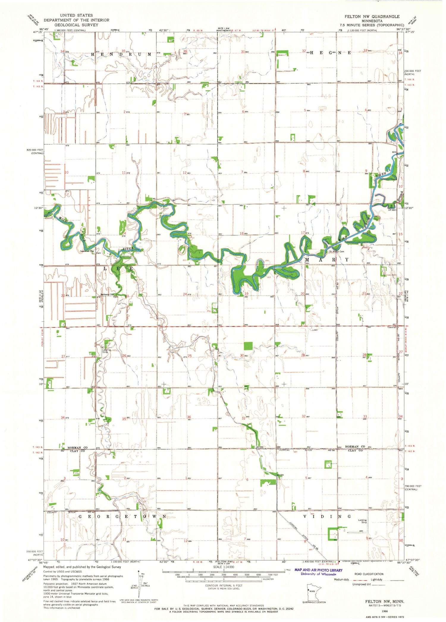 Classic USGS Felton NW Minnesota 7.5'x7.5' Topo Map Image