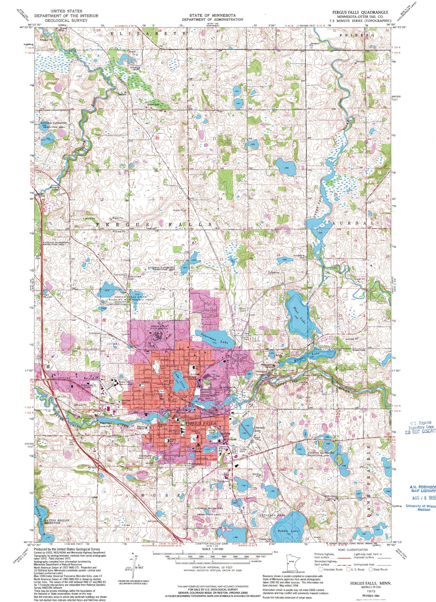 Classic USGS Fergus Falls Minnesota 7.5'x7.5' Topo Map Image