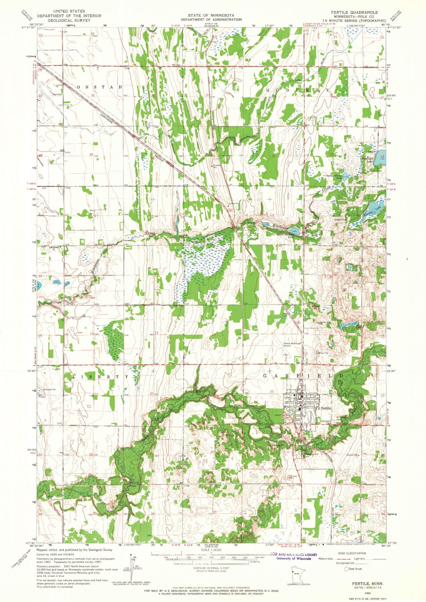 Classic USGS Fertile Minnesota 7.5'x7.5' Topo Map Image