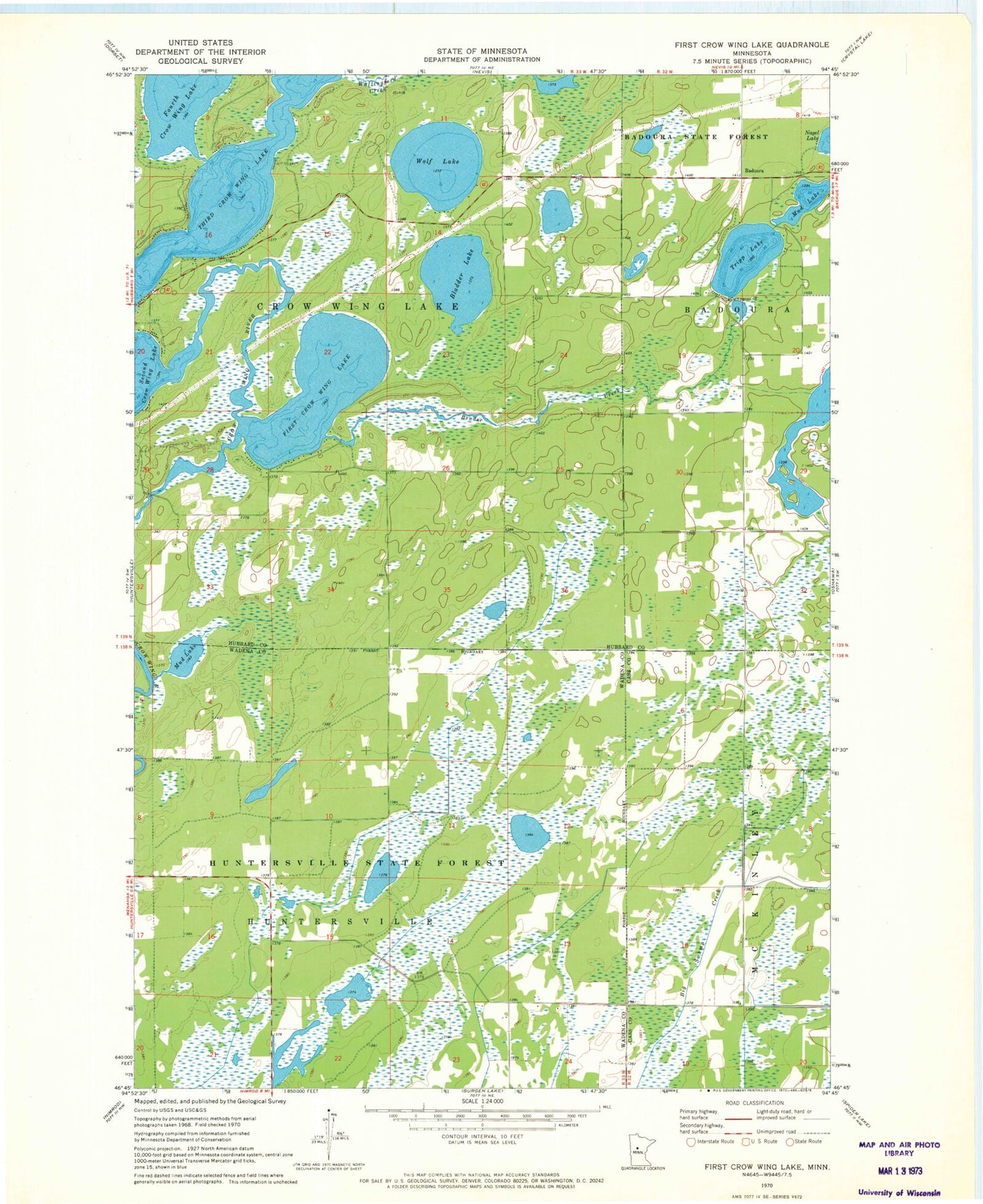 Classic USGS First Crow Wing Lake Minnesota 7.5'x7.5' Topo Map Image