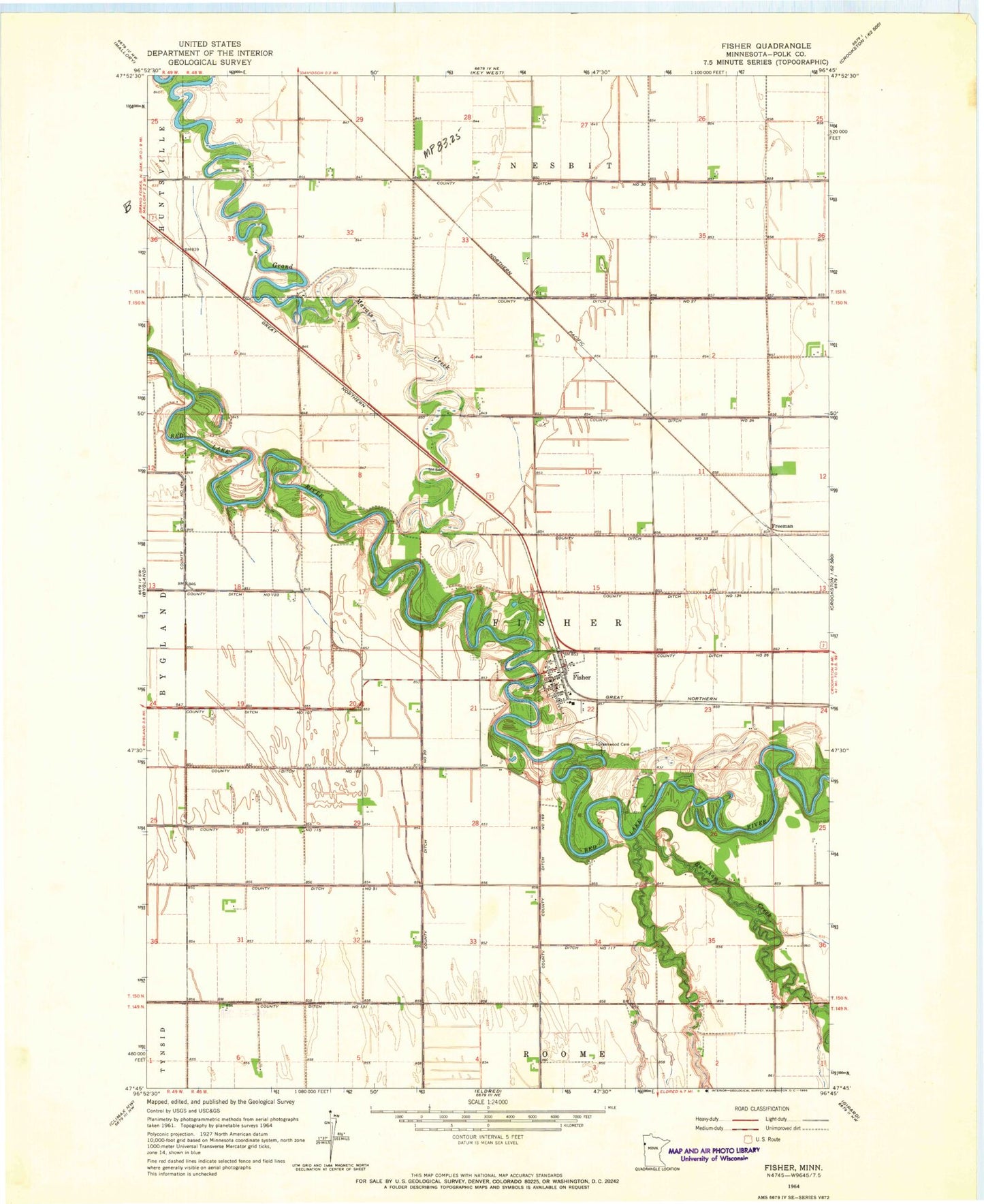Classic USGS Fisher Minnesota 7.5'x7.5' Topo Map Image