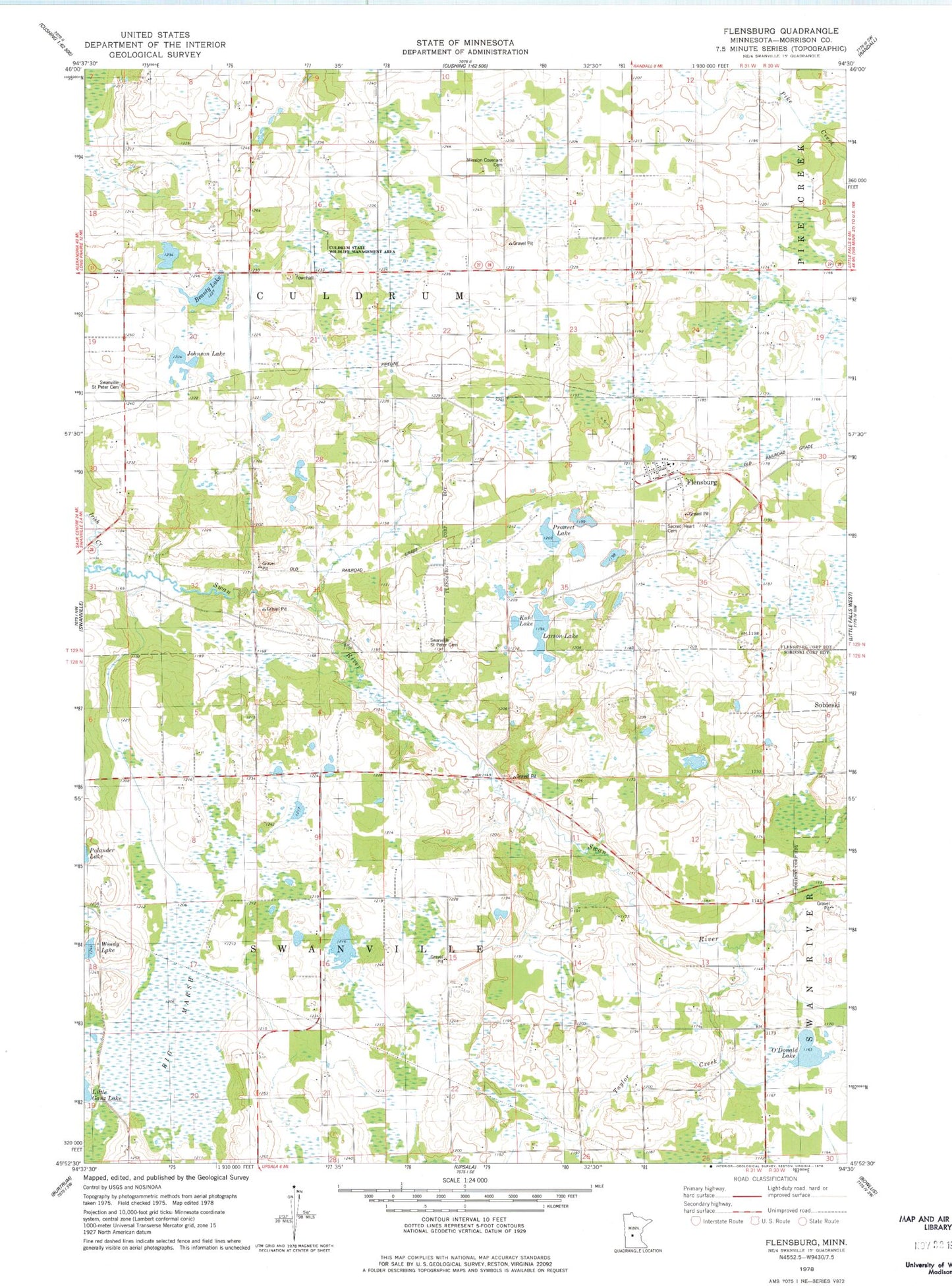 Classic USGS Flensburg Minnesota 7.5'x7.5' Topo Map Image