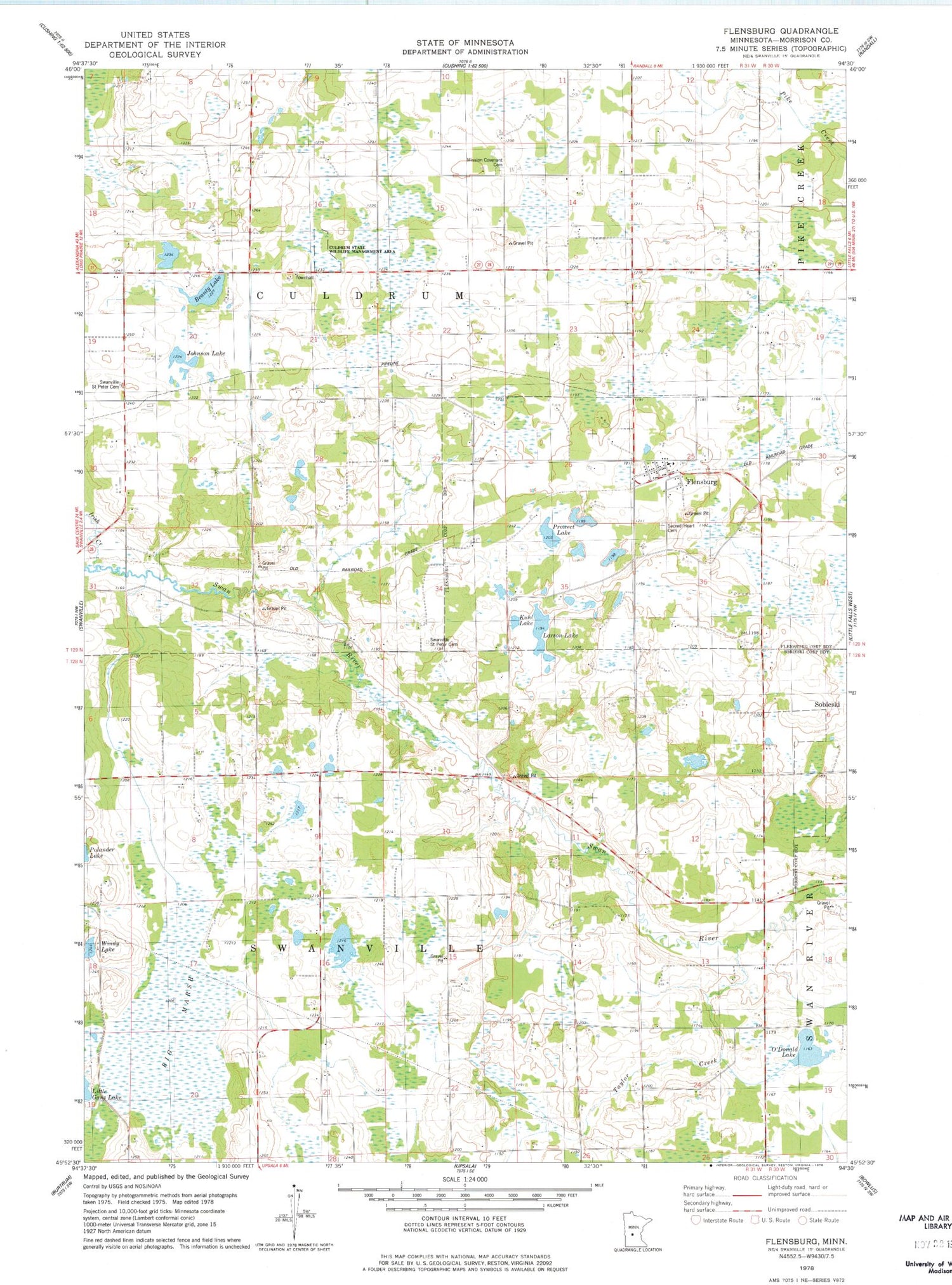 Classic USGS Flensburg Minnesota 7.5'x7.5' Topo Map Image