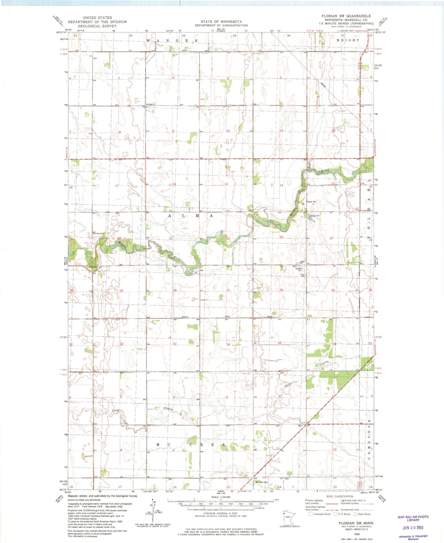 Classic USGS Florian SW Minnesota 7.5'x7.5' Topo Map Image