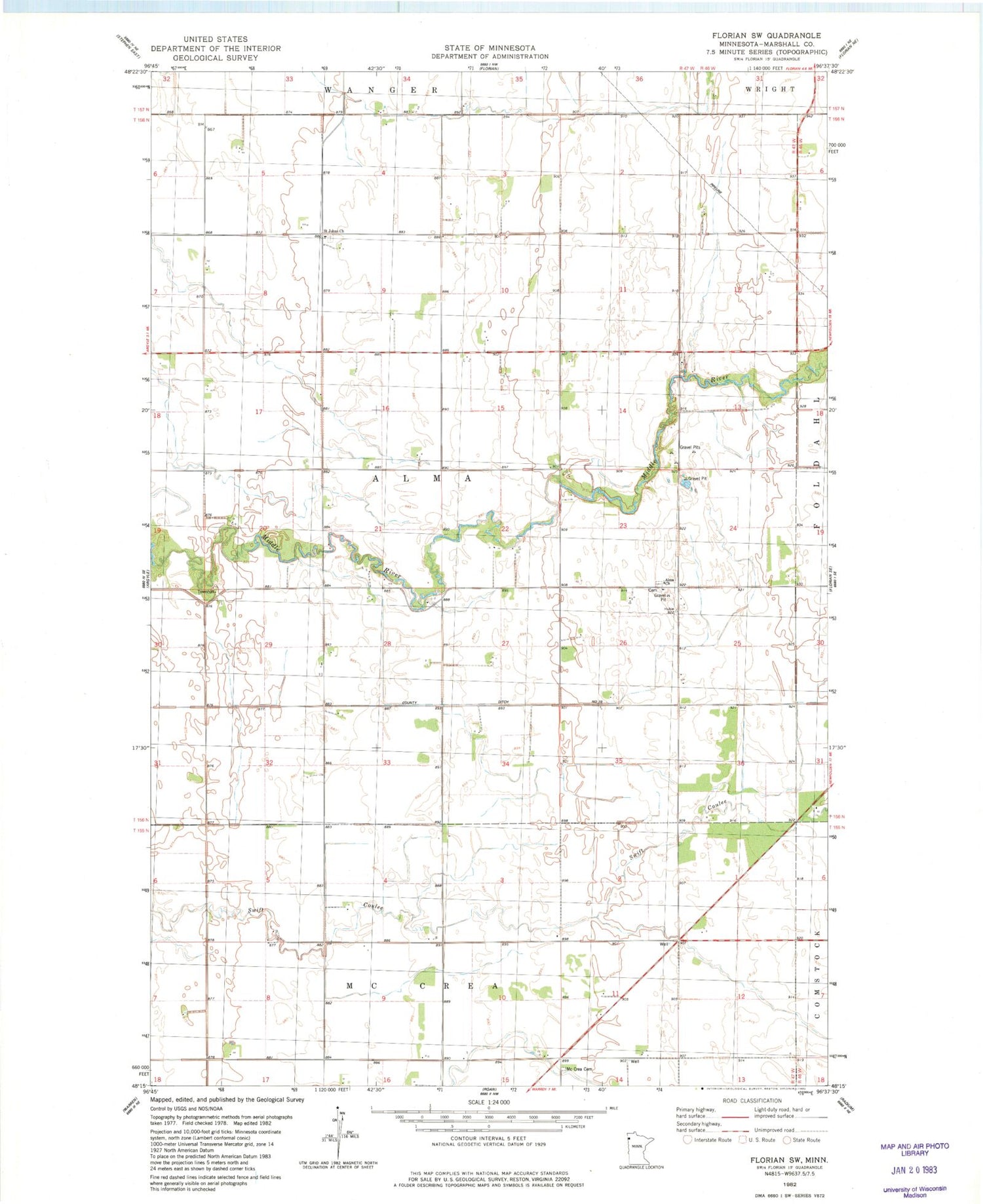 Classic USGS Florian SW Minnesota 7.5'x7.5' Topo Map Image