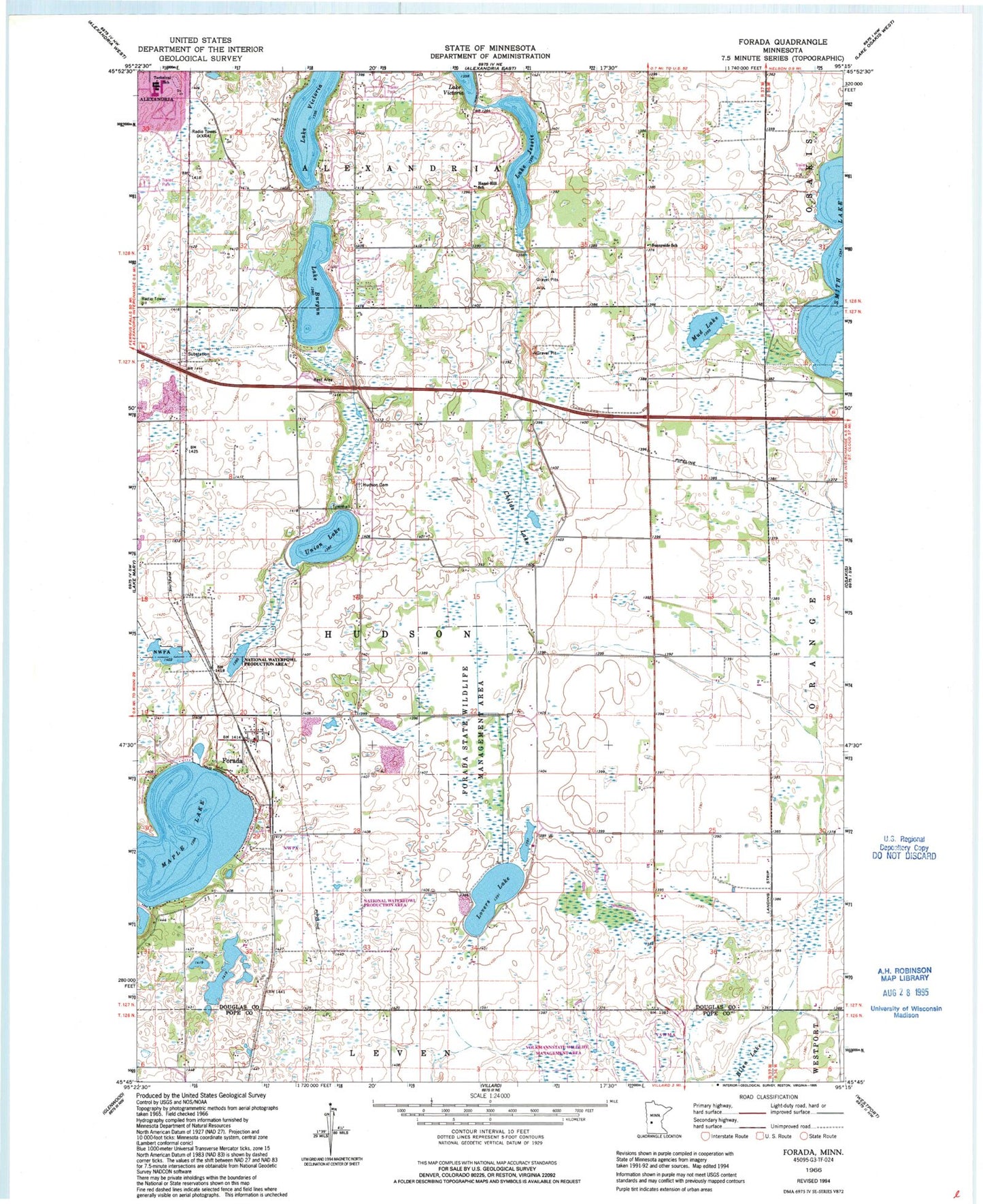 Classic USGS Forada Minnesota 7.5'x7.5' Topo Map Image