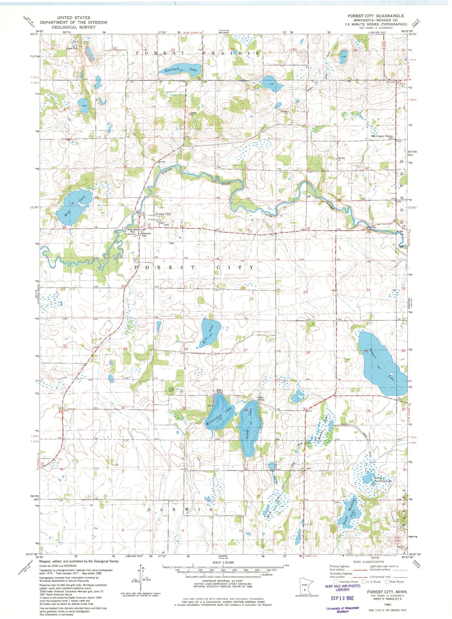 Classic USGS Forest City Minnesota 7.5'x7.5' Topo Map Image