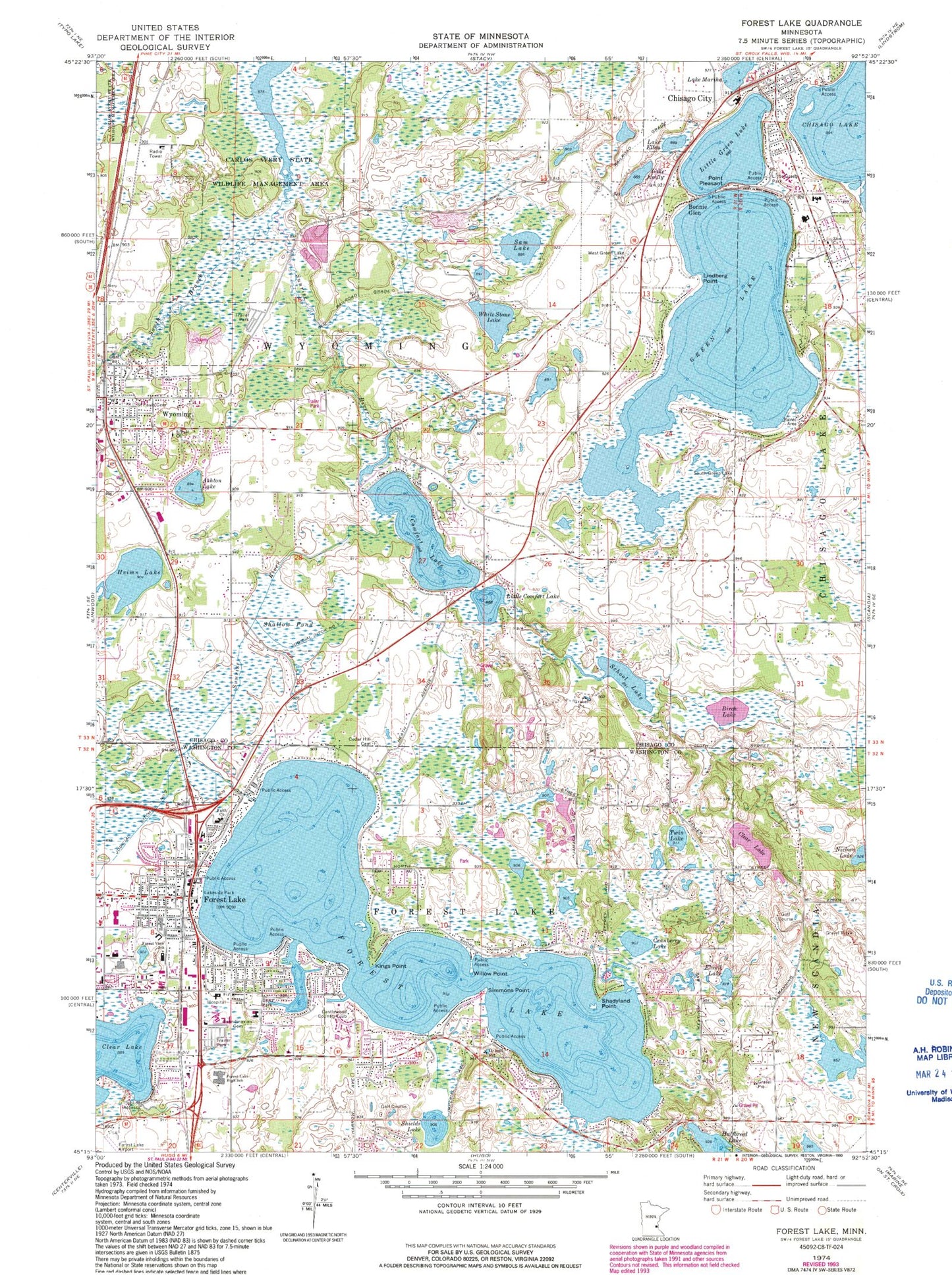 Classic USGS Forest Lake Minnesota 7.5'x7.5' Topo Map Image